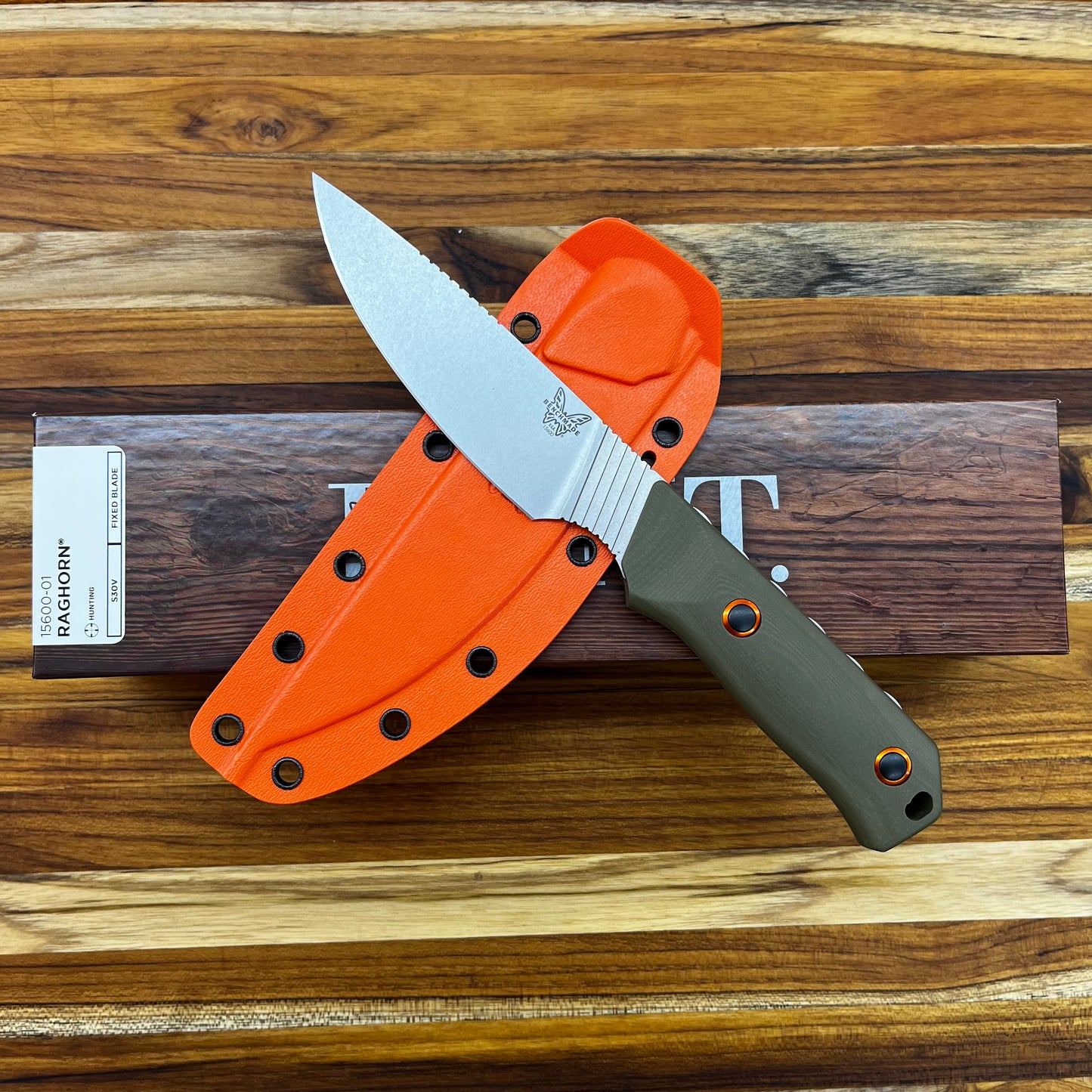 Benchmade Raghorn 4" Fixed Blade w/ OD Green G10 Handle & Orange Bolarton Sheath