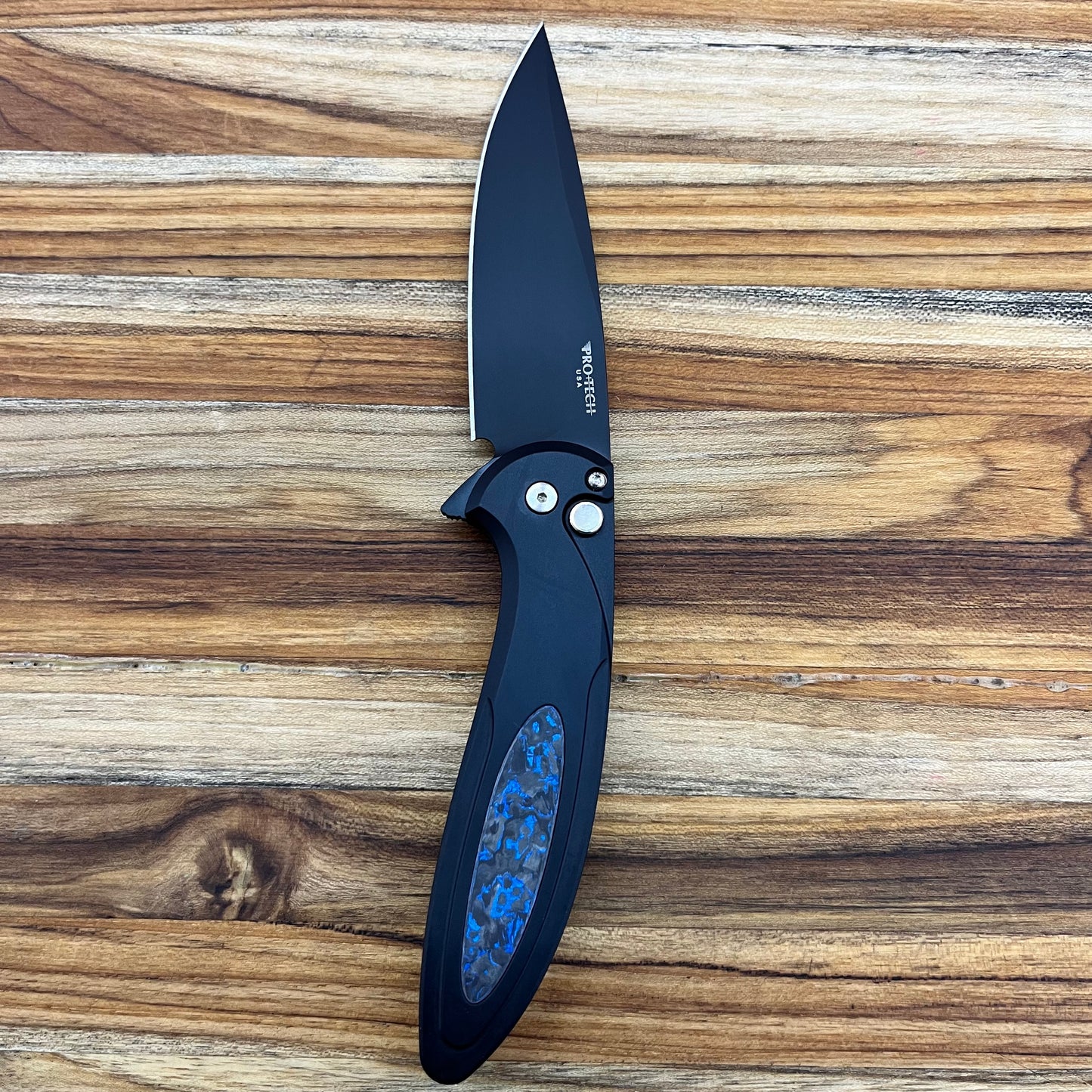 Pro-Tech *Limited Edition* Cambria Flipper 3.5" Folding Knife w/ Black Lip Pearl on Black Aluminum & TechnoCarbo Blue Inlay