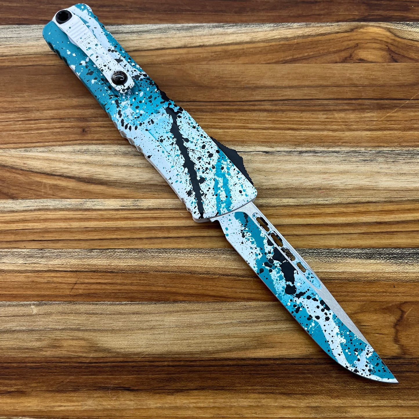 Microtech Combat Troodon Gen III S/E 4" OTF w/ Turquoise/White Black Splatter Aluminum Handle