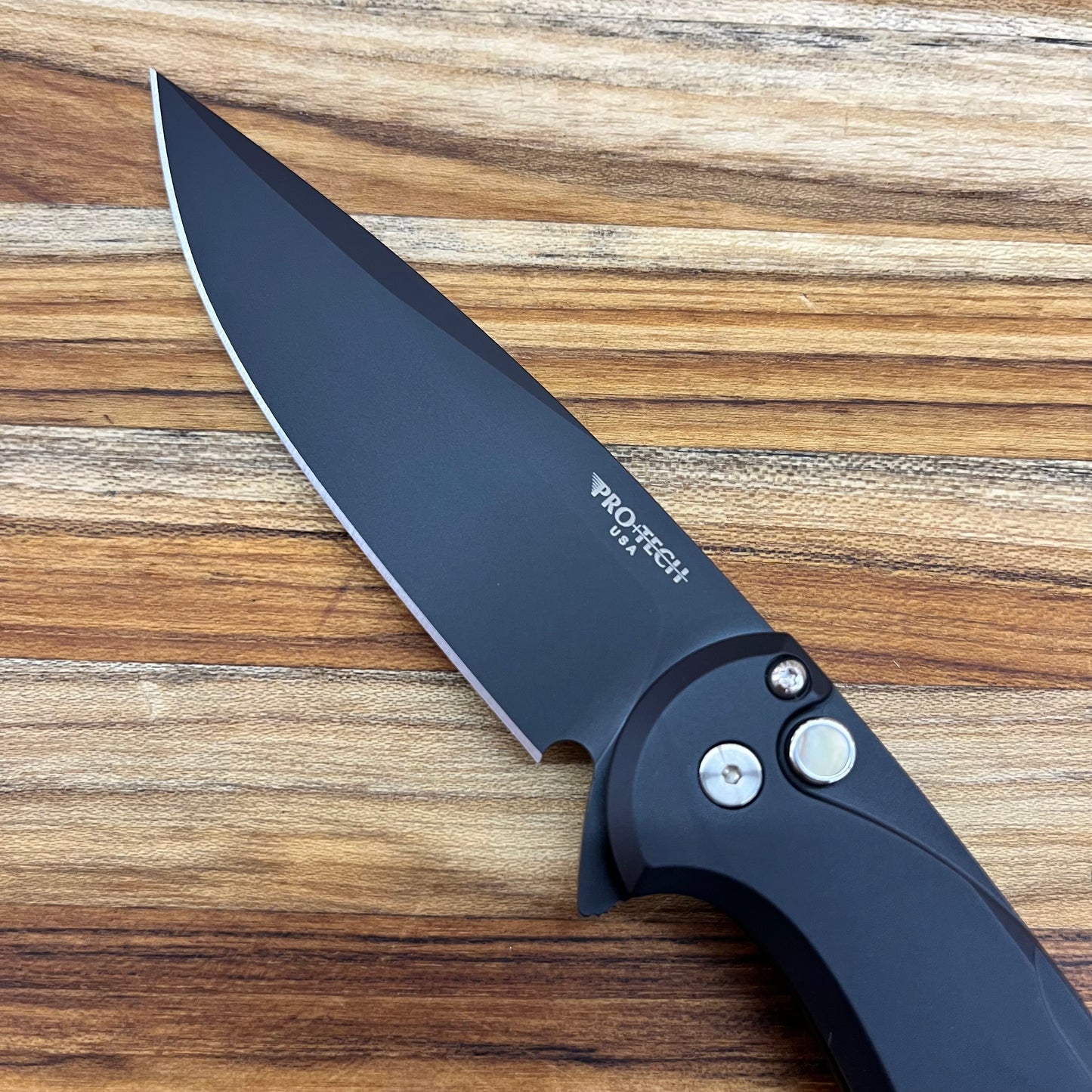 Pro-Tech *Limited Edition* Cambria Flipper 3.5" Folding Knife w/ Black Lip Pearl on Black Aluminum & TechnoCarbo Blue Inlay