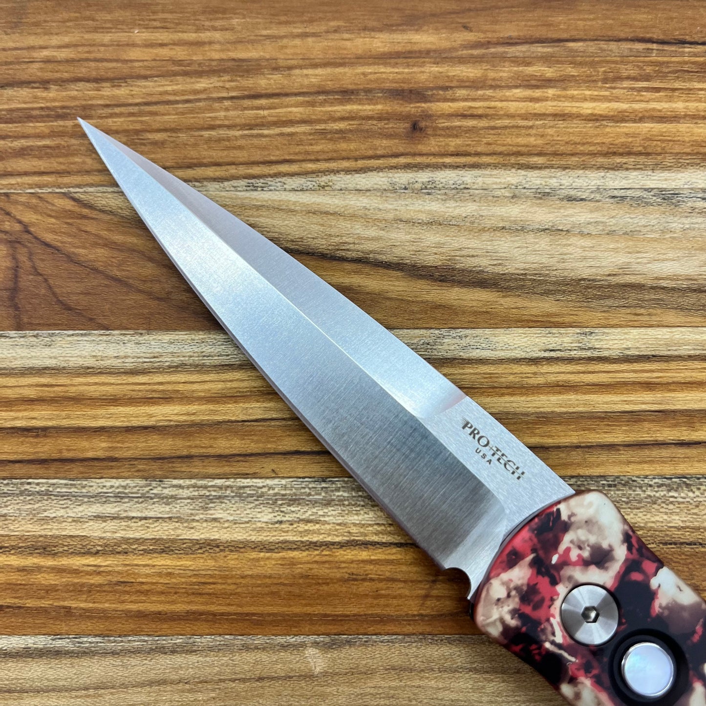 Pro-Tech Godfather 4" Auto w/ Crimson Tiger Camo Aluminum Handle & Pearl Button