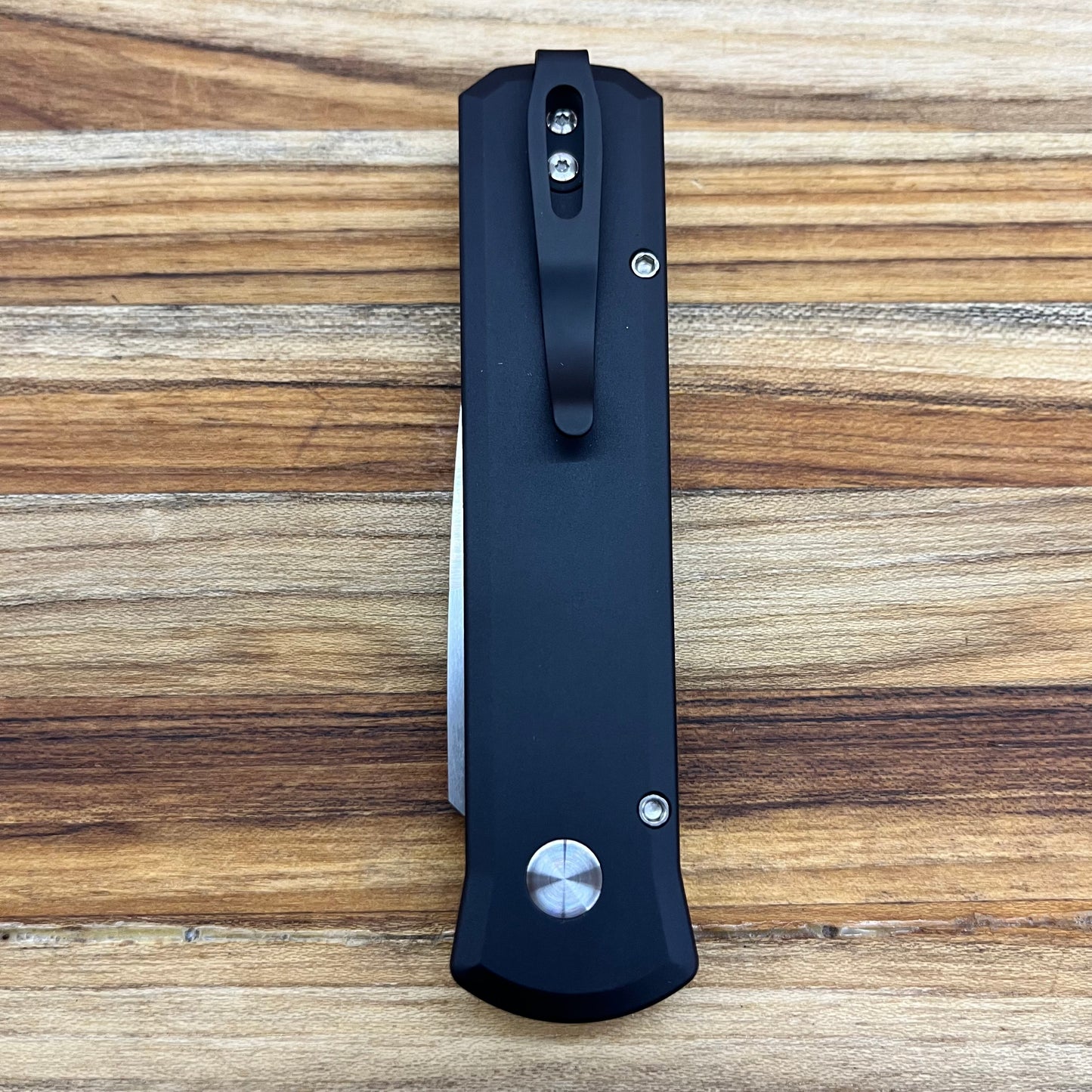 Pro-Tech Godson 3.15" Auto w/ Livewire Copper Carbon Fiber Inlay on Black Aluminum & Black Lip Pearl Button
