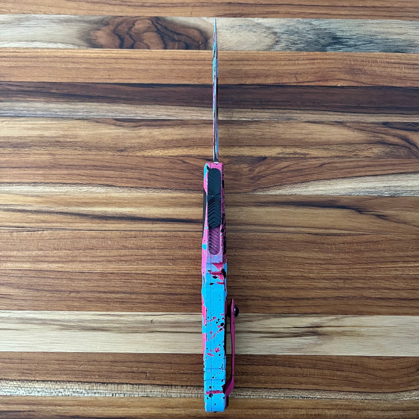 Microtech Combat Troodon Gen III D/E 4" OTF w/ Pink/Blue Black Splatter Aluminum Handle
