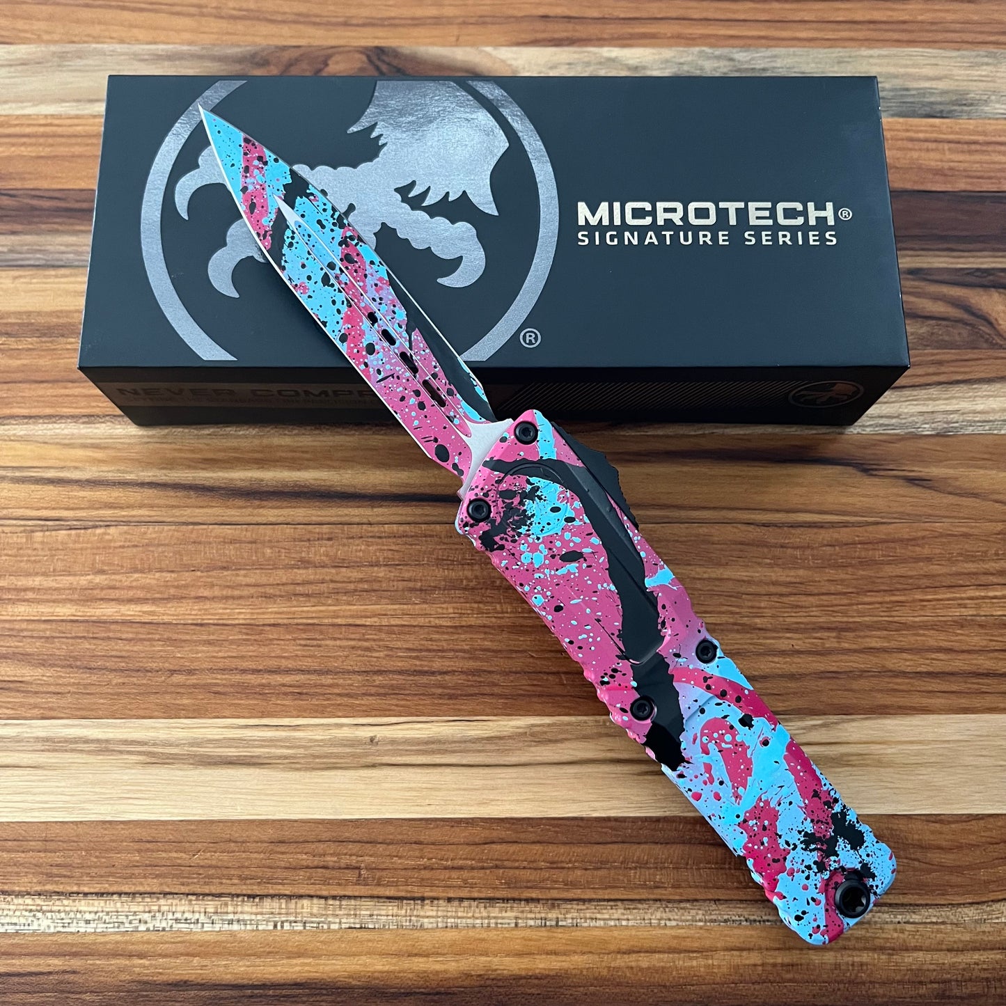Microtech Combat Troodon Gen III D/E 4" OTF w/ Pink/Blue Black Splatter Aluminum Handle