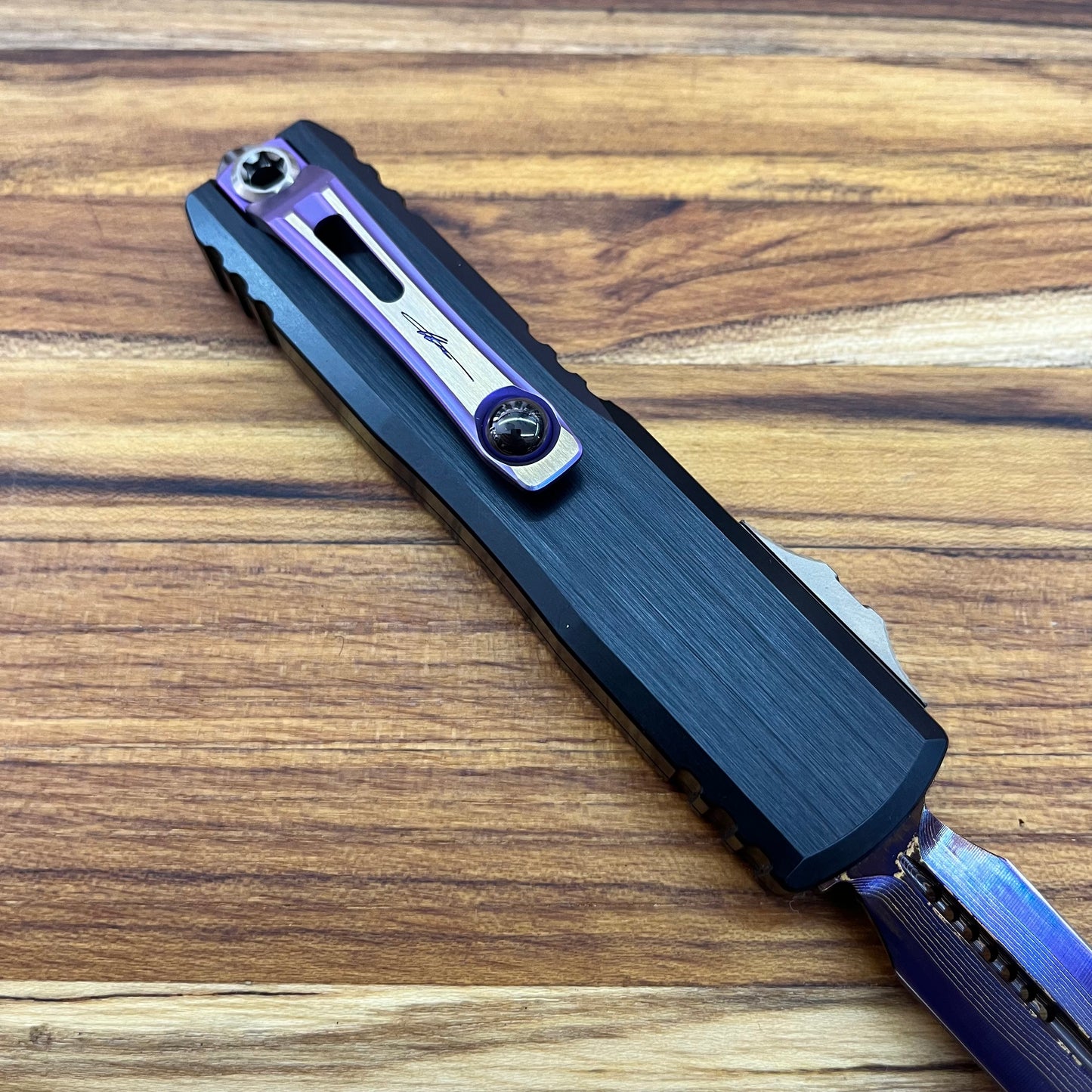 Microtech UTX-85 Gen III D/E 3" OTF Marfione Select Blued Baker Forge Coppermai Damascus w/ Purple Titanium Accent