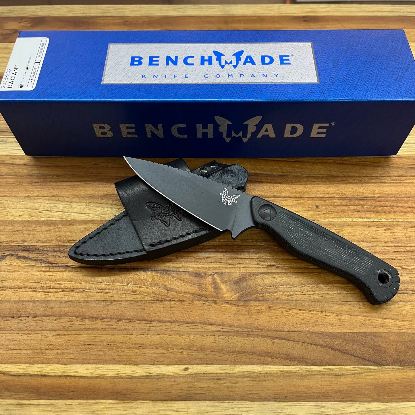Benchmade Dacian 3.25" Fixed Blade w/ Black Canvas Micarta Handle & Black Leather/Boltaron Sheath