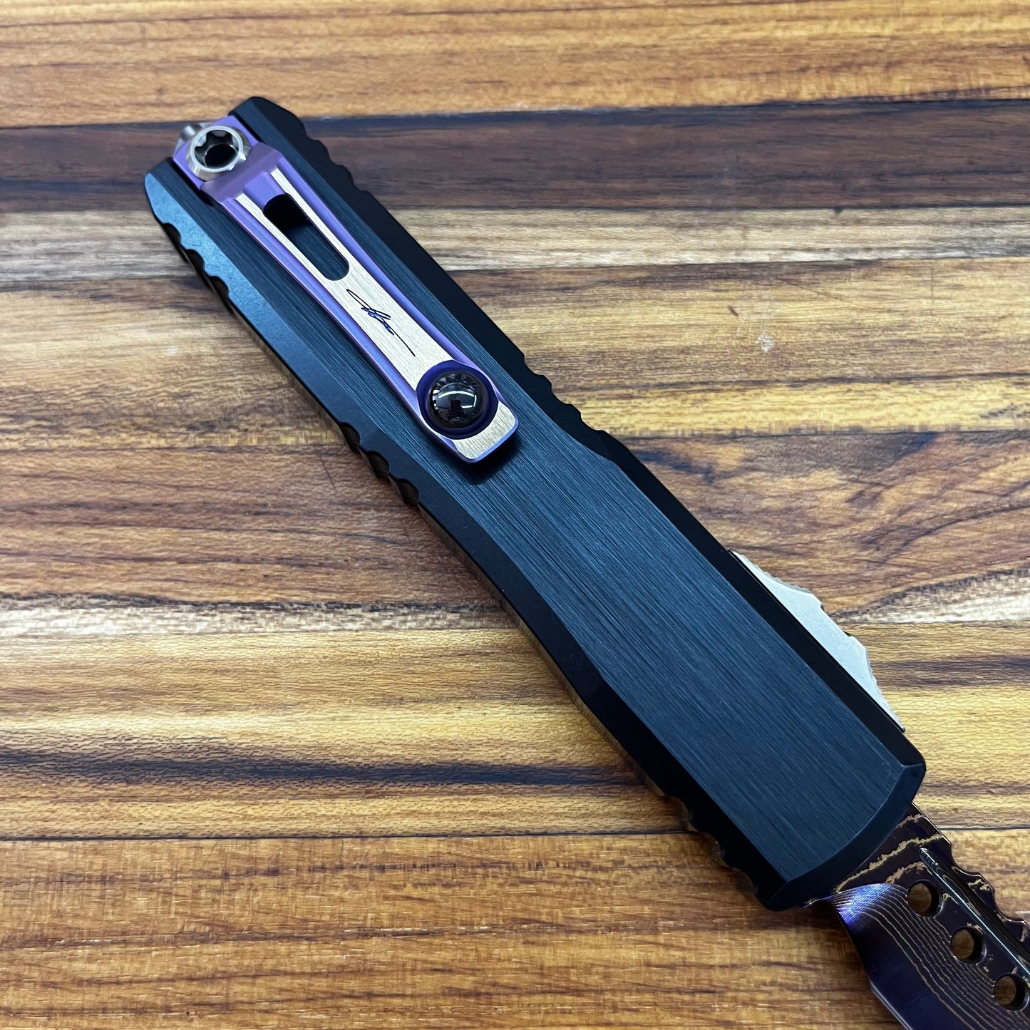Microtech Ultratech Gen III Hellhound 4" OTF Marfione Select Blued Baker Forge Coppermai Damascus w/ Purple Titanium Accent