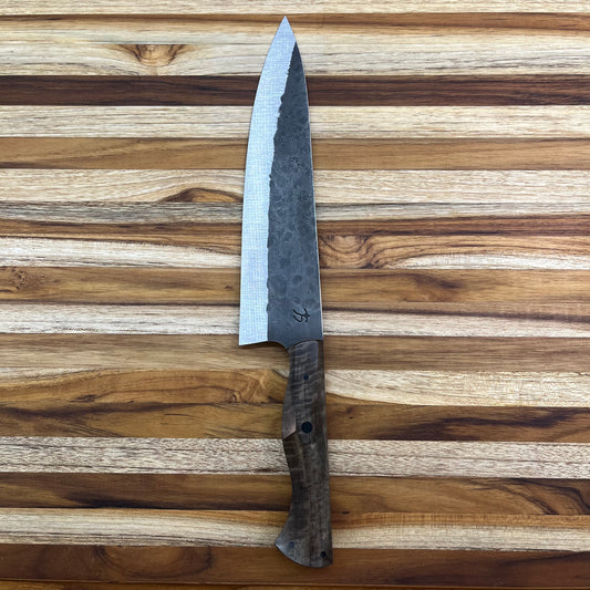Running Man Forge Custom 215mm (8.5") Thin Forged Gyuto w/ Grey-Brown Curly Walnut Handle