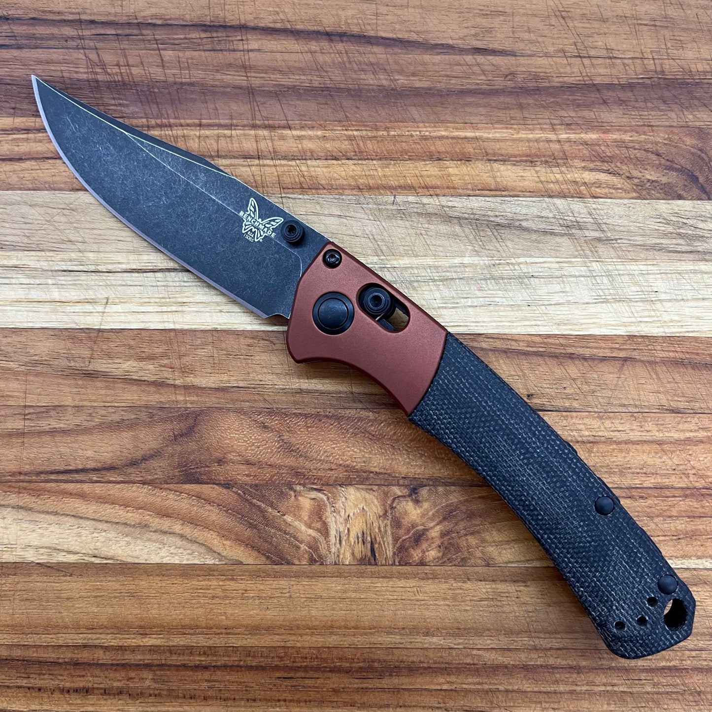Benchmade Mini Crooked River 3.5" Folding Knife w/ Burnt Copper Aluminum & Black Canvas Micarta Handle