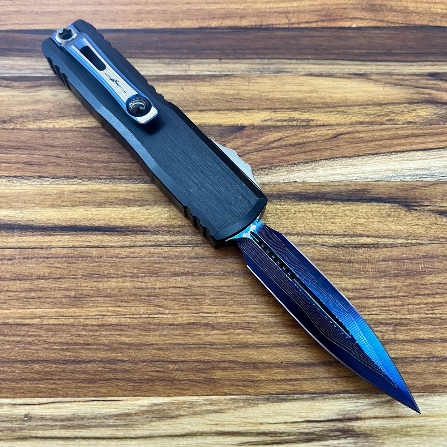Microtech UTX-85 Gen III D/E 3" OTF Marfione Select Blued Baker Forge Coppermai Damascus w/ Blue Titanium Accent
