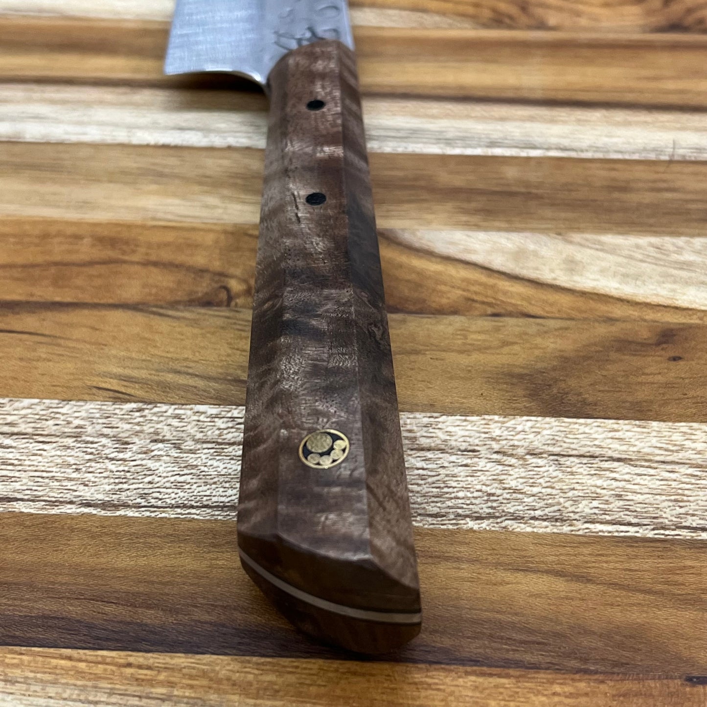 Running Man Forge Custom 150mm (6") Thin Forged Petty w/ Brown Maple Burl Handle & Gold Mosaic Inlay