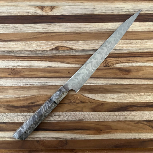 Alfredo Faccipieri Artisanal 240mm (9.5") Sujihiki w/ Damasteel Bjorkman Damascus and Gray Chestnut Handle
