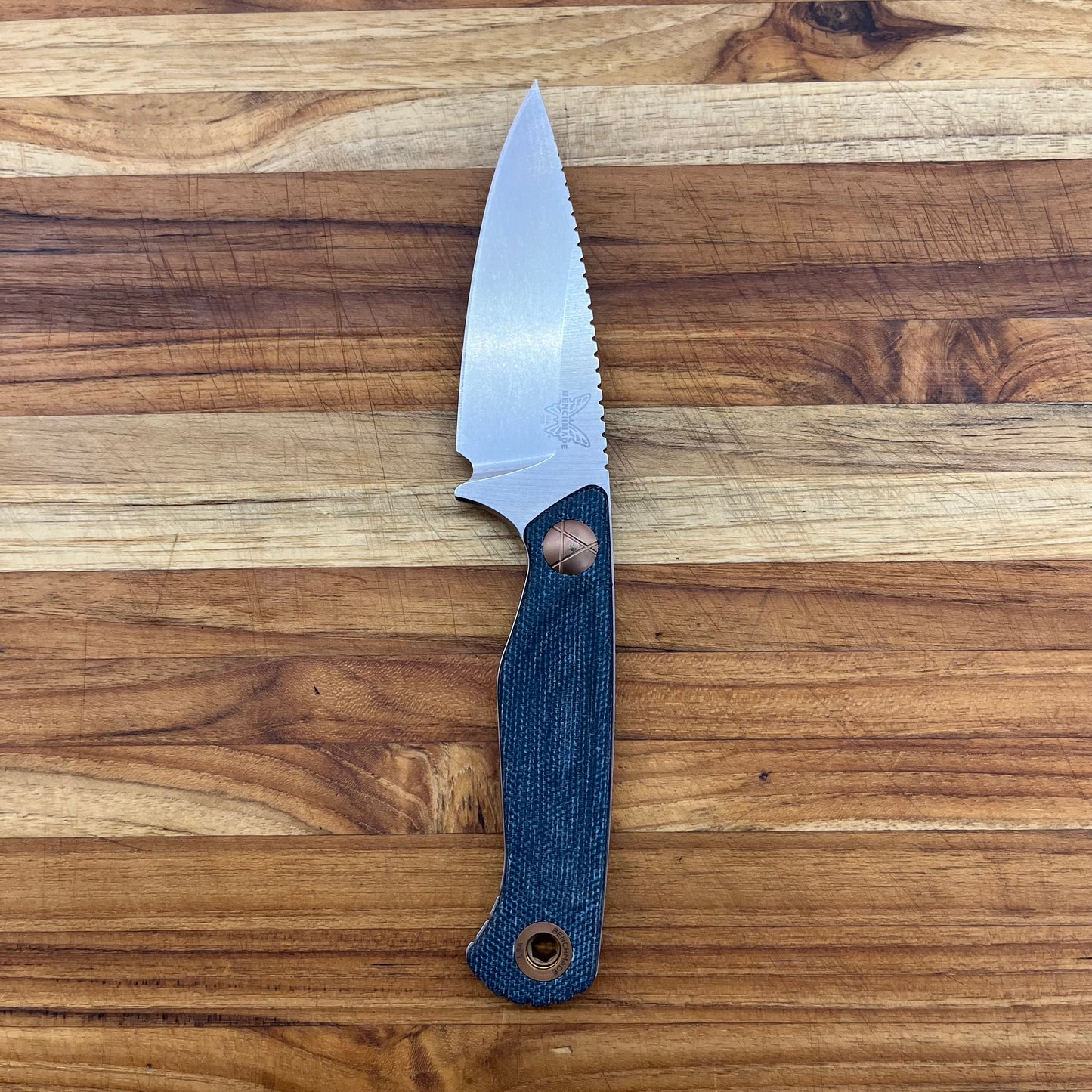 Benchmade Dacian 3.25" Fixed Blade w/ Blue Denim Micarta Handle & Brown Leather/Black Boltaron Sheath