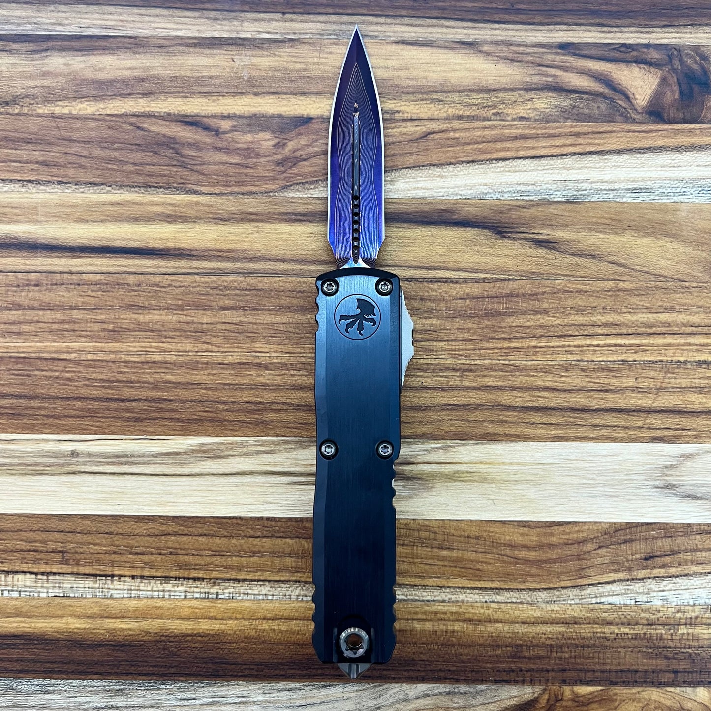 Microtech UTX-85 Gen III D/E 3" OTF Marfione Select Blued Baker Forge Coppermai Damascus w/ Purple Titanium Accent