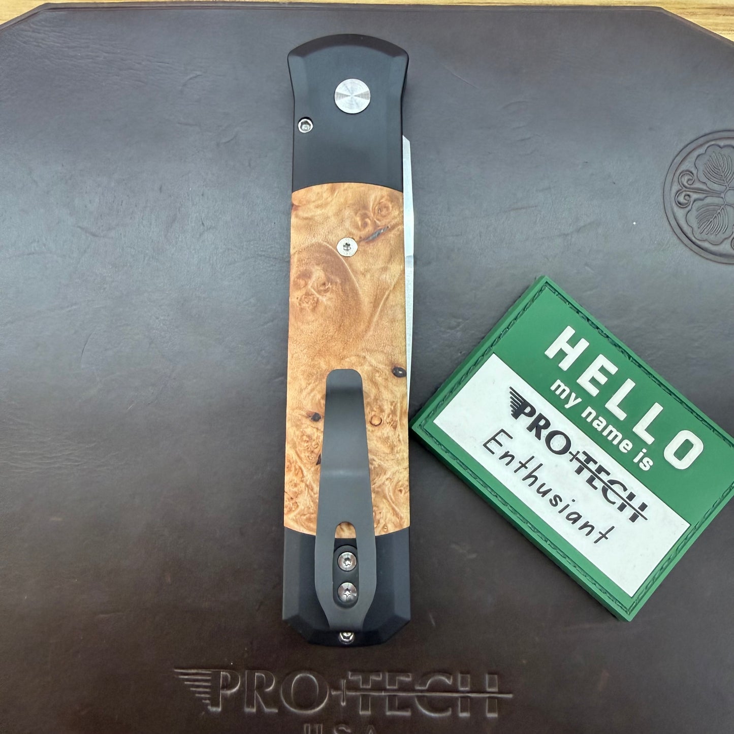 Pro-Tech Godfather 4" Satin Auto w/ Black Aluminum Handle & Maple Burl Wood Inlay