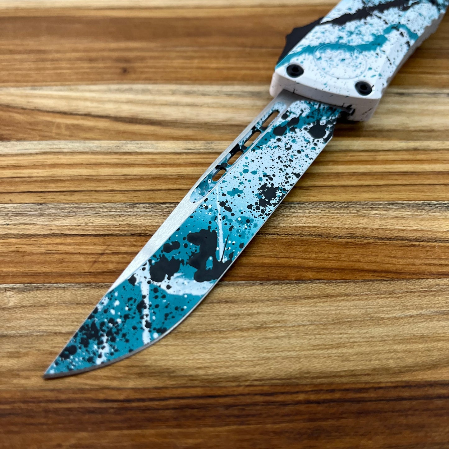 Microtech Combat Troodon Gen III S/E 4" OTF w/ Turquoise/White Black Splatter Aluminum Handle