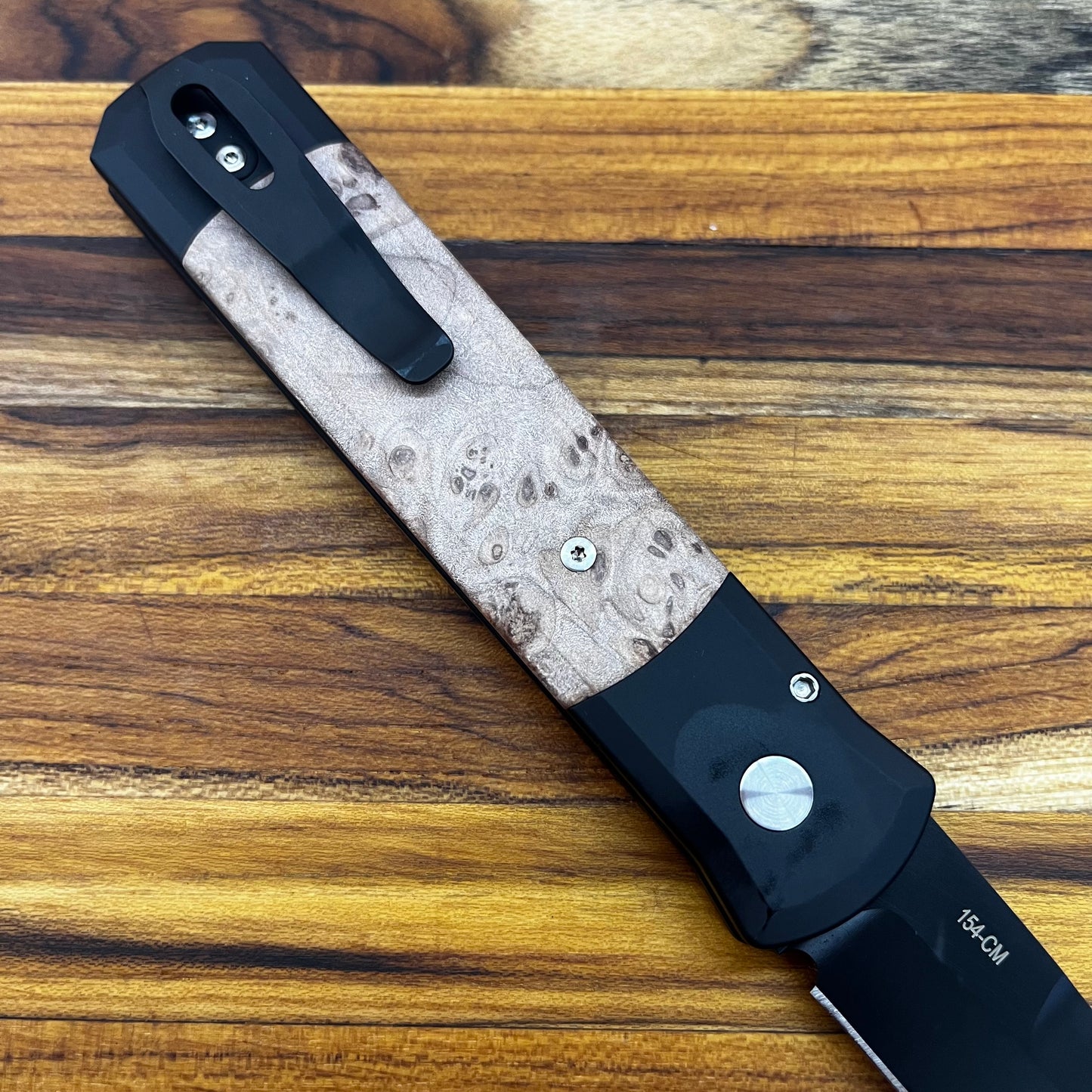 Pro-Tech Godfather 4" Auto w/ Black Aluminum Handle & Maple Burl Wood Inlay
