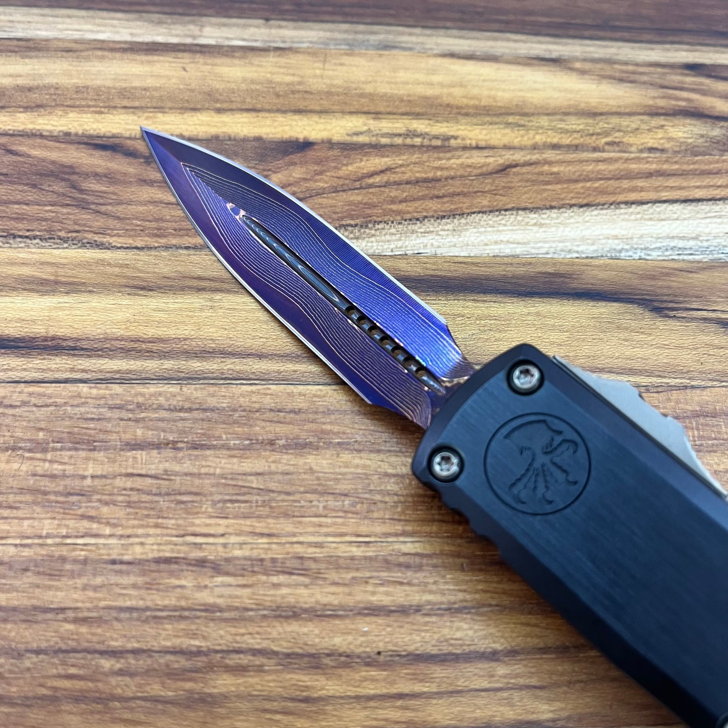 Microtech UTX-85 Gen III D/E 3" OTF Marfione Select Blued Baker Forge Coppermai Damascus w/ Purple Titanium Accent