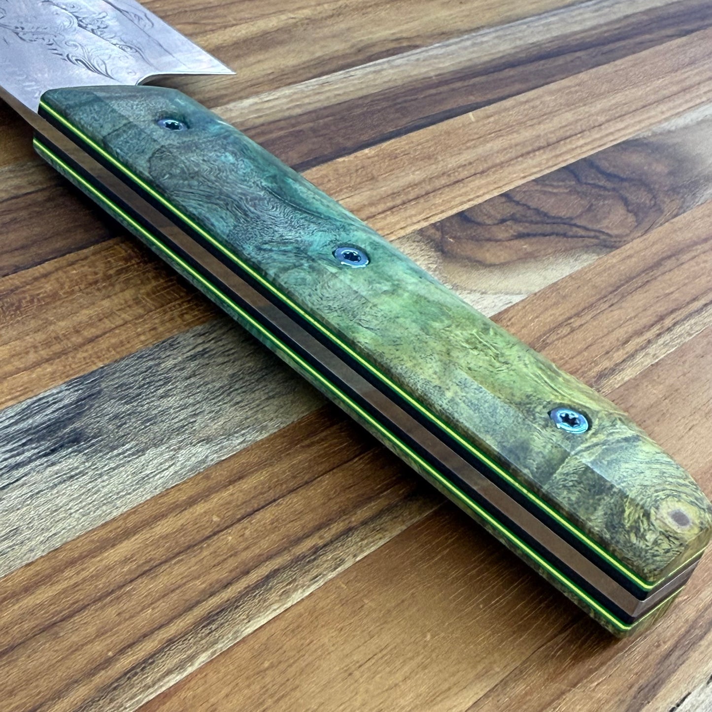 Meglio Blade Show Semi-Custom 10" Western Chef's Knife w/ Lasered Abstract Beauty & Green/Yellow Box Elder Handle