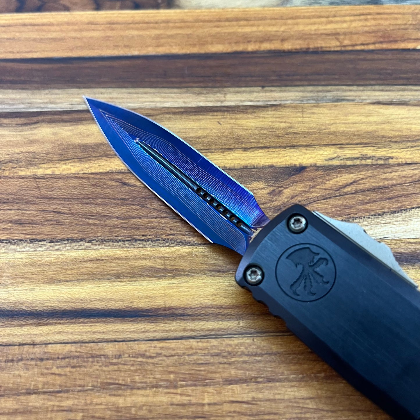 Microtech UTX-85 Gen III D/E 3" OTF Marfione Select Blued Baker Forge Coppermai Damascus w/ Blue Titanium Accent