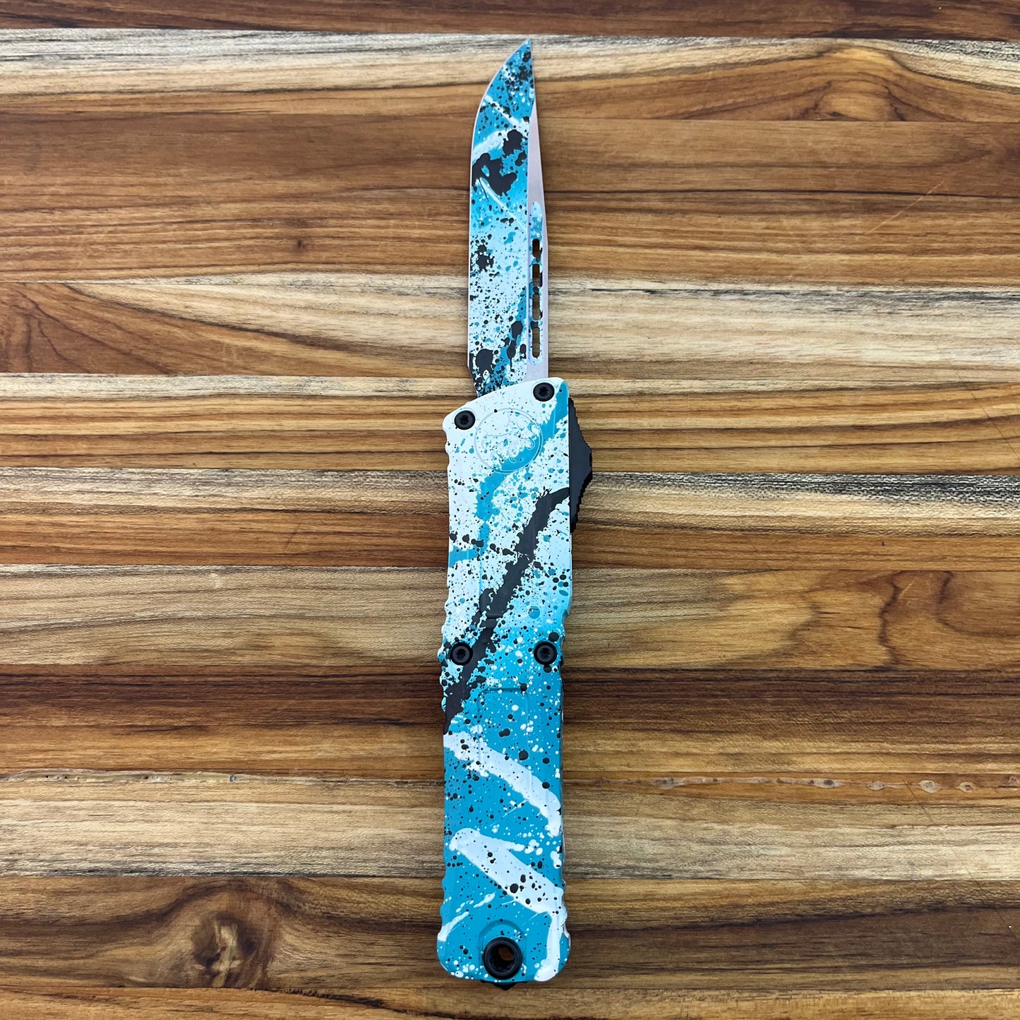 Microtech Combat Troodon Gen III S/E 4" OTF w/ Turquoise/White Black Splatter Aluminum Handle