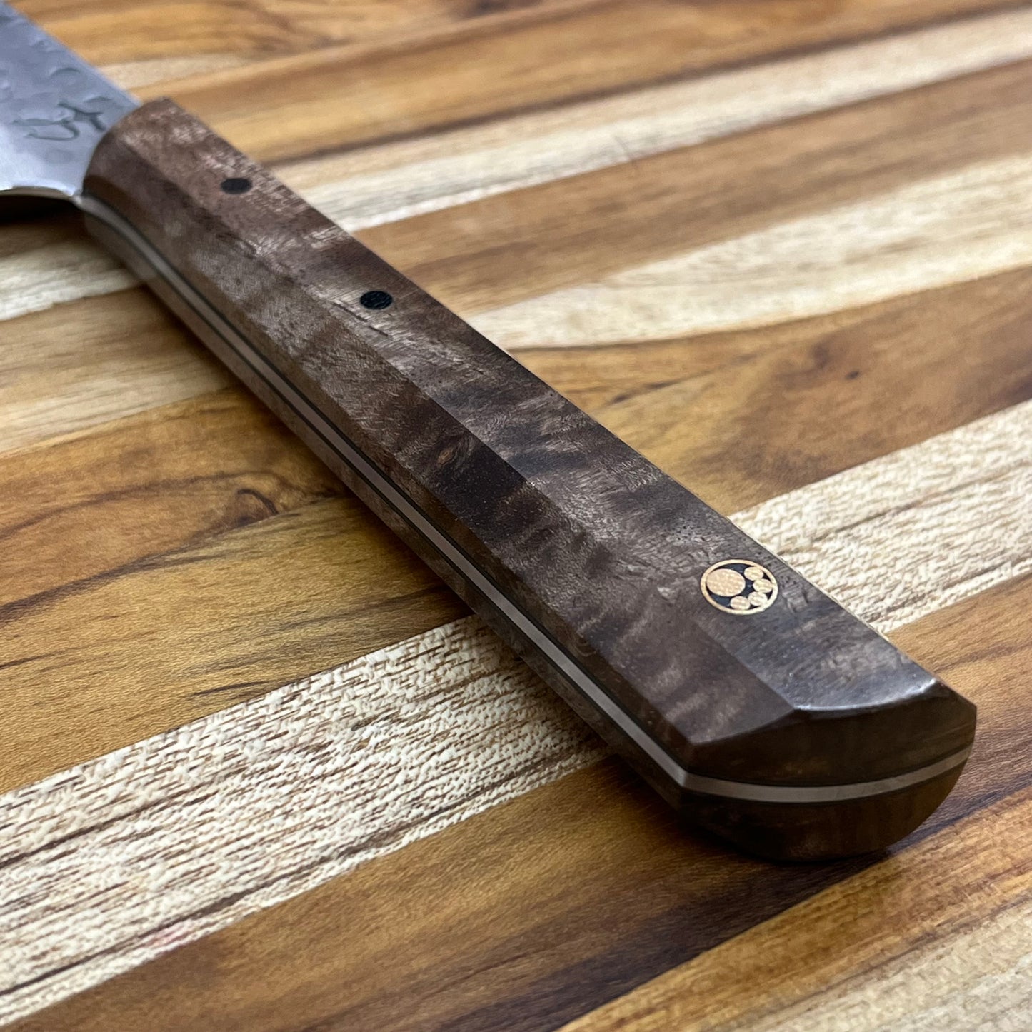 Running Man Forge Custom 150mm (6") Thin Forged Petty w/ Brown Maple Burl Handle & Gold Mosaic Inlay