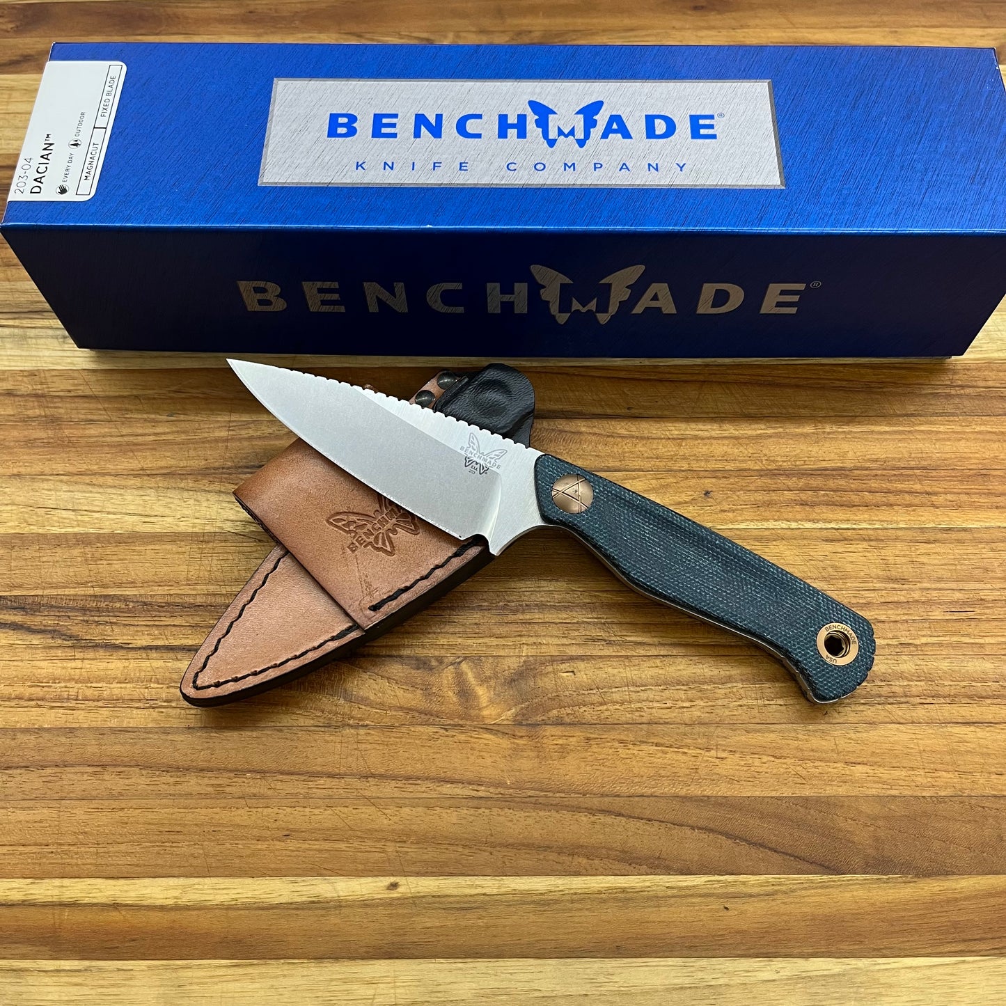Benchmade Dacian 3.25" Fixed Blade w/ Blue Denim Micarta Handle & Brown Leather/Black Boltaron Sheath
