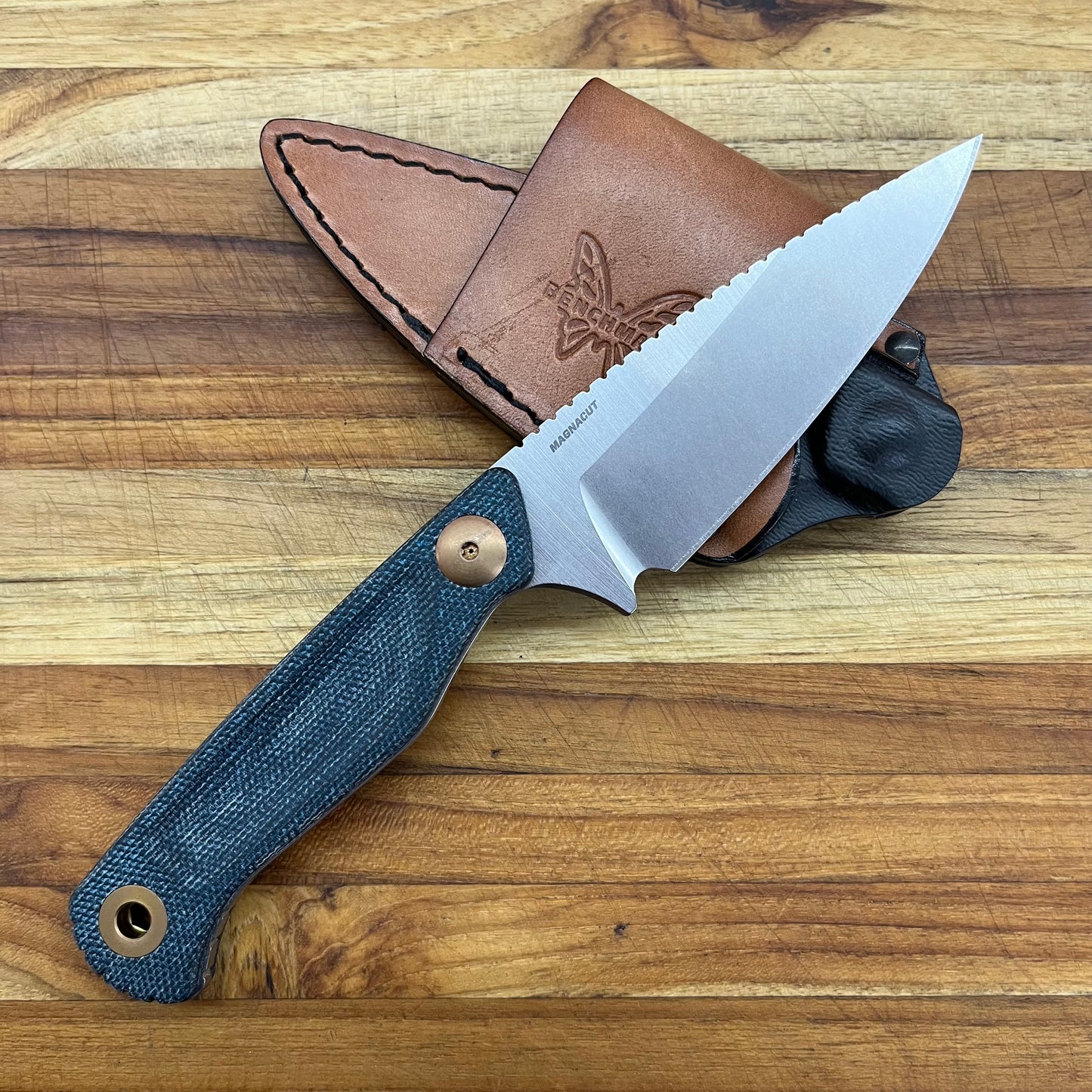 Benchmade Dacian 3.25" Fixed Blade w/ Blue Denim Micarta Handle & Brown Leather/Black Boltaron Sheath