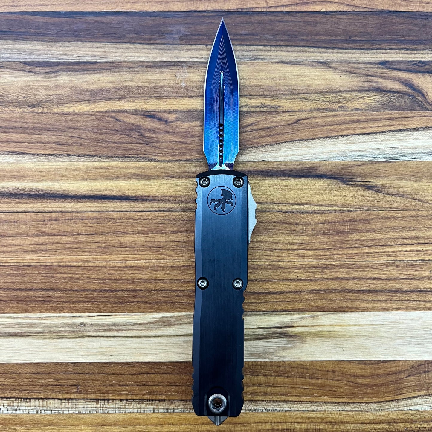 Microtech UTX-85 Gen III D/E 3" OTF Marfione Select Blued Baker Forge Coppermai Damascus w/ Blue Titanium Accent