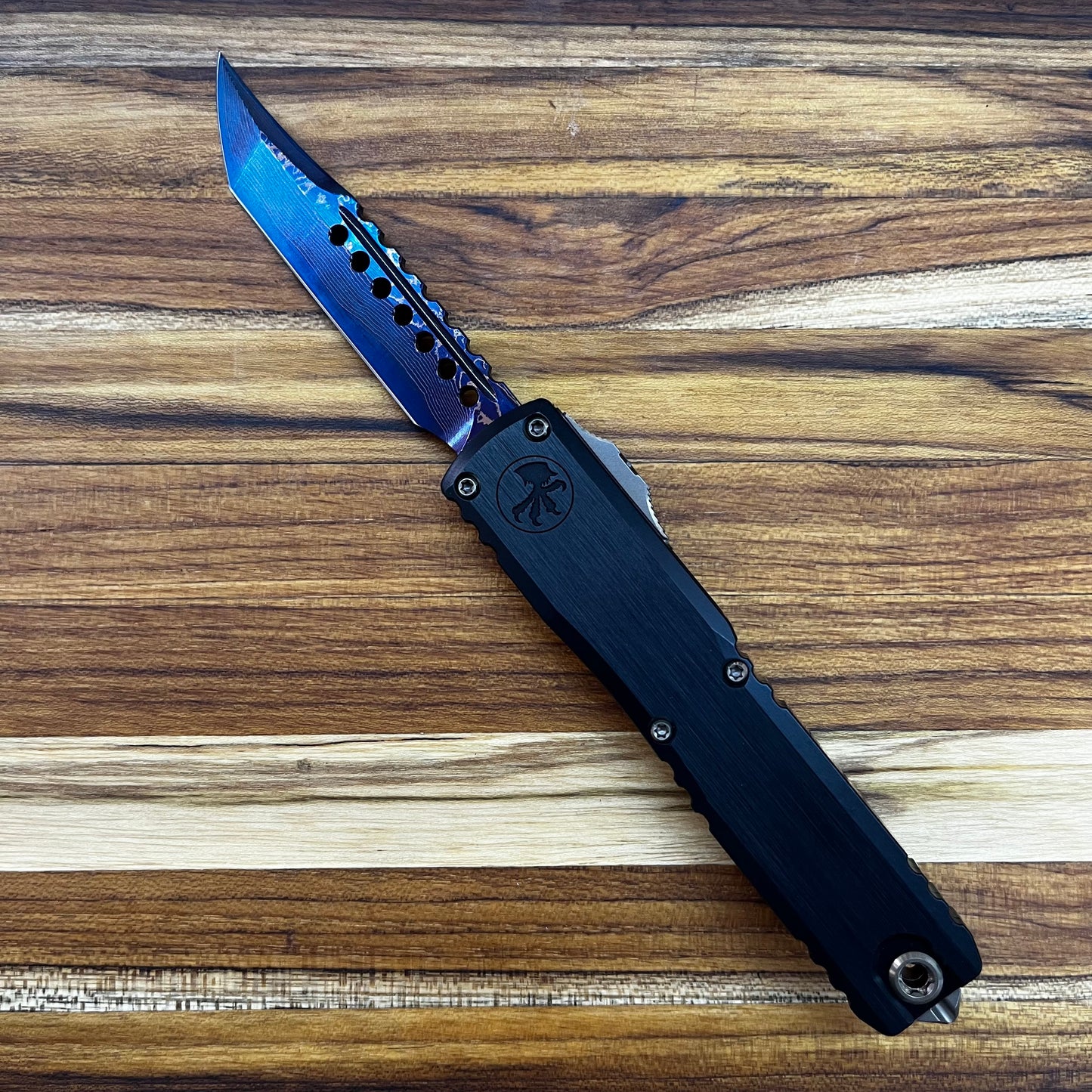 Microtech Ultratech Gen III Hellhound 4" OTF Marfione Select Blued Baker Forge Coppermai Damascus w/ Blue Titanium Accent