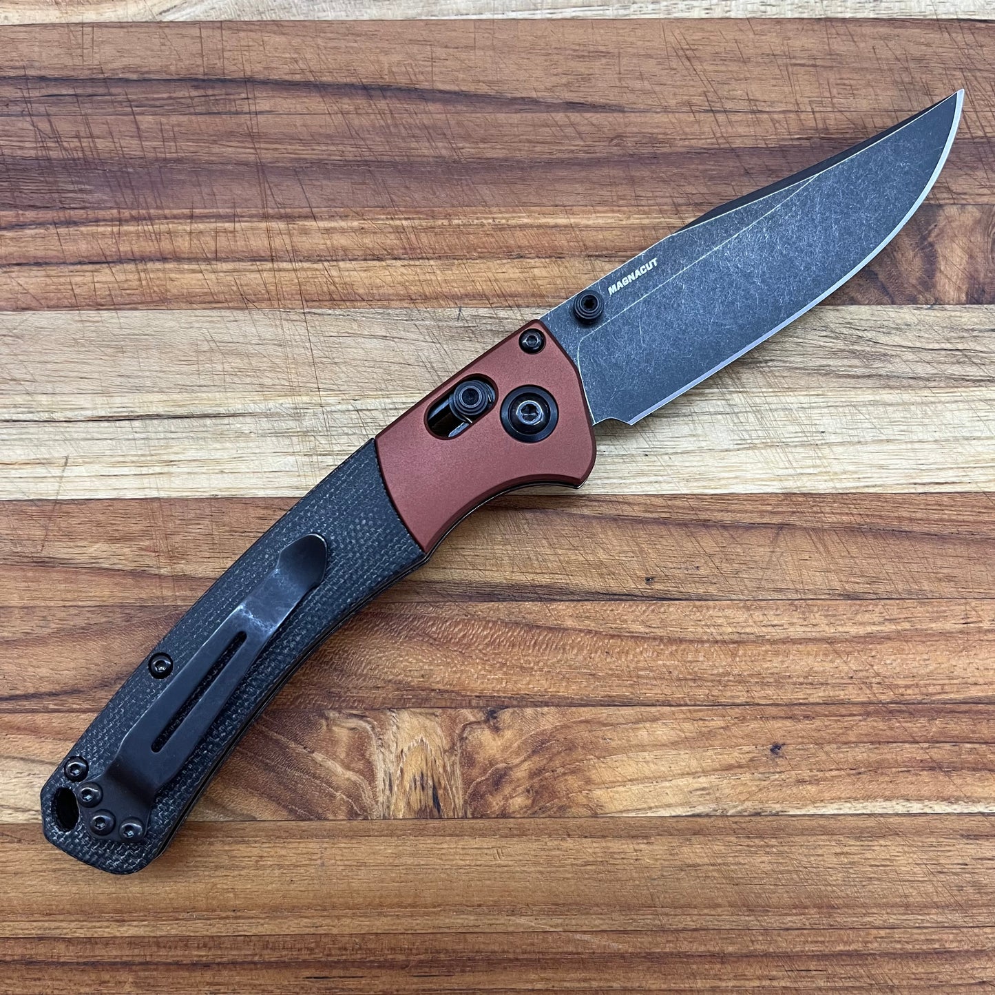 Benchmade Mini Crooked River 3.5" Folding Knife w/ Burnt Copper Aluminum & Black Canvas Micarta Handle