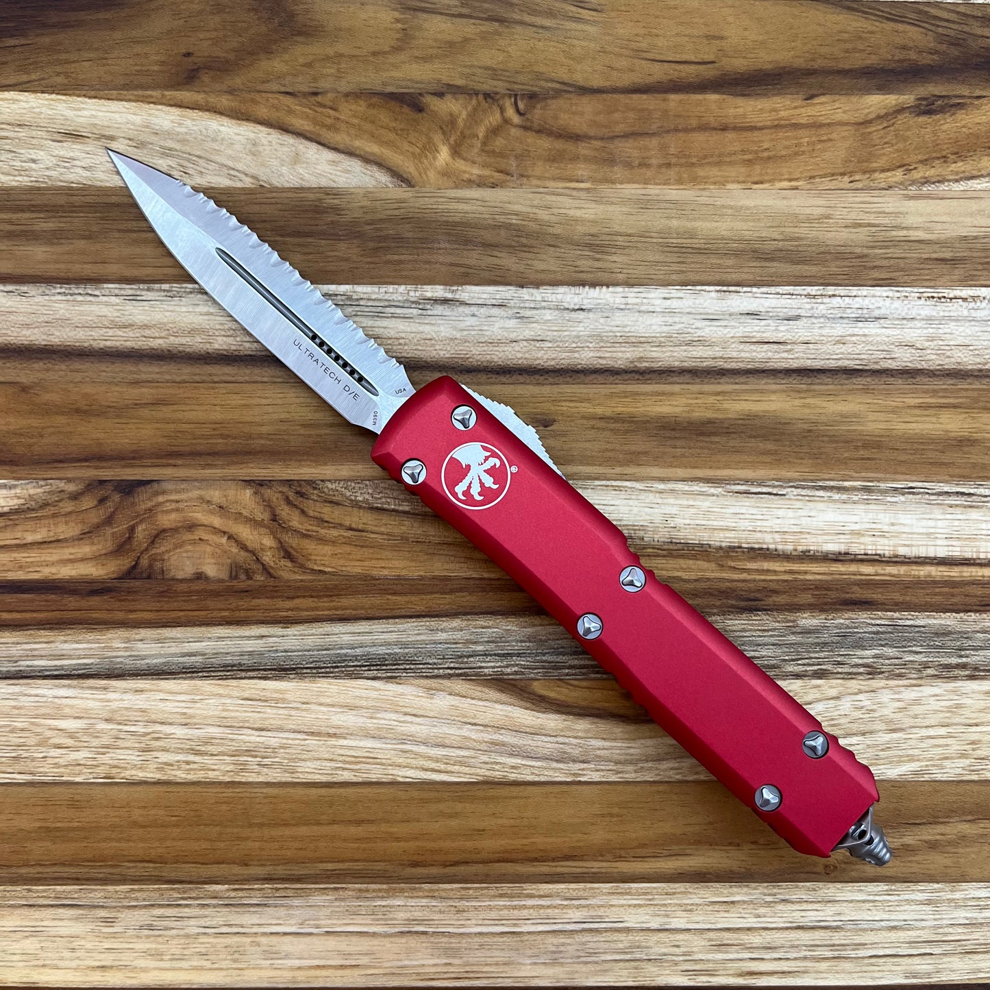 Microtech Ultratech D/E 3.35" Satin F/S OTF Auto w/ Red Aluminum Handle