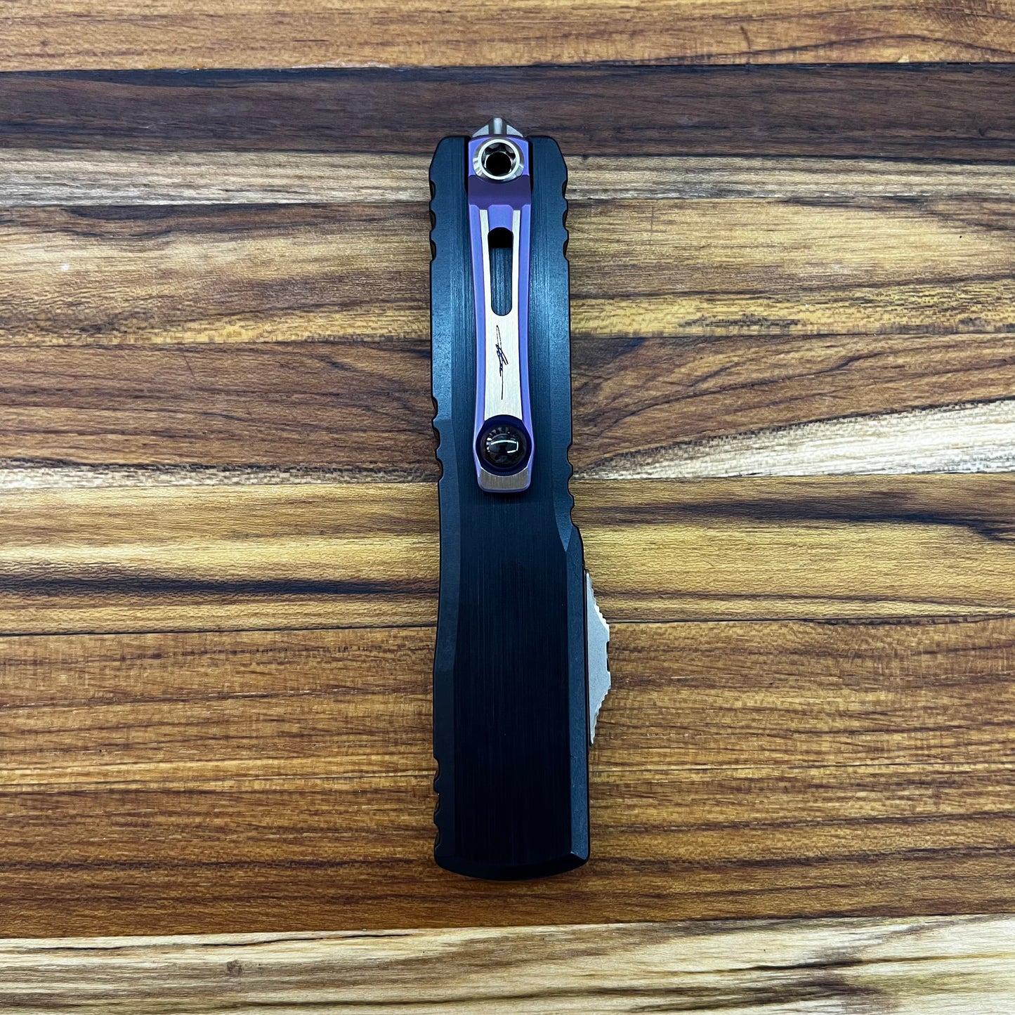 Microtech Ultratech Gen III Hellhound 4" OTF Marfione Select Blued Baker Forge Coppermai Damascus w/ Purple Titanium Accent