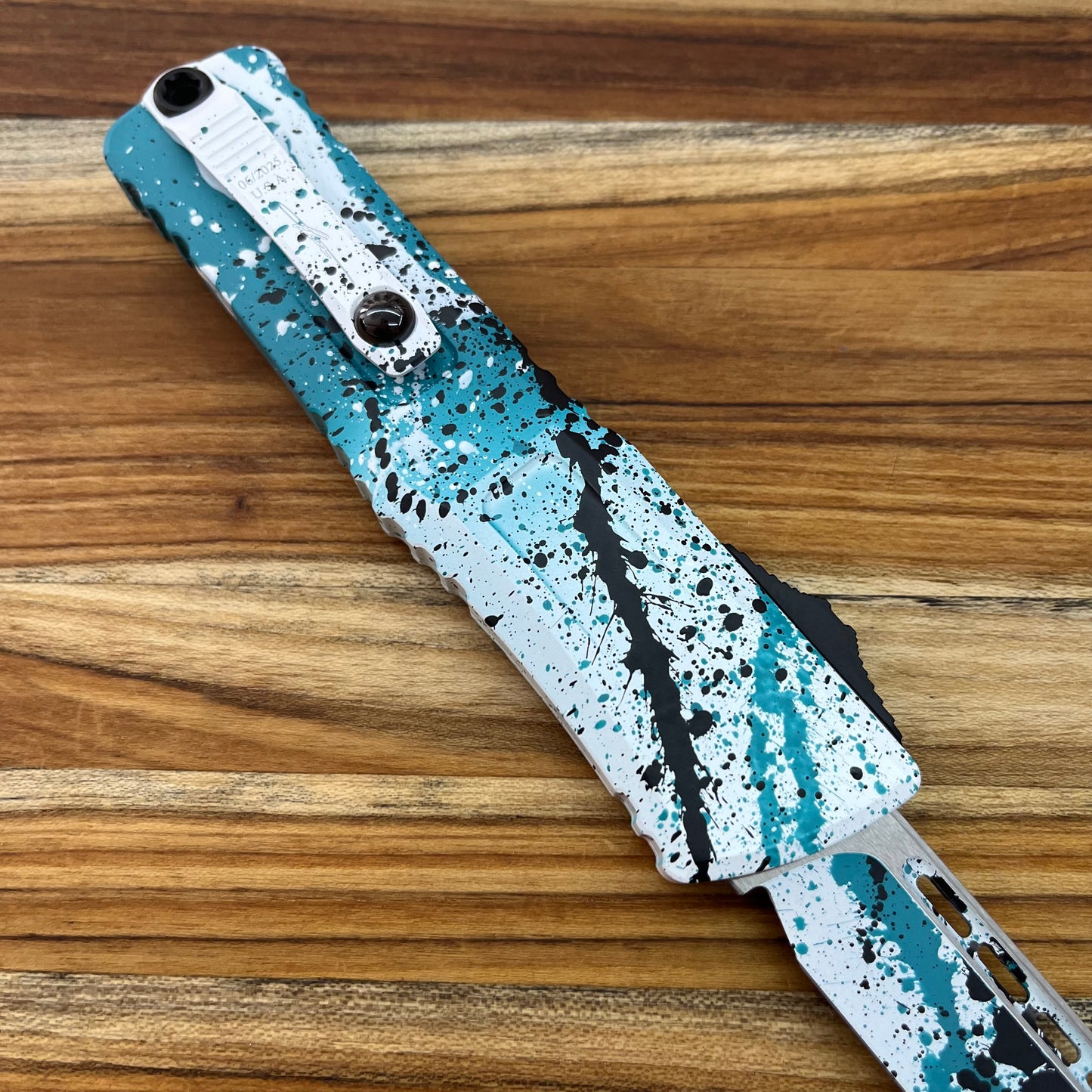 Microtech Combat Troodon Gen III S/E 4" OTF w/ Turquoise/White Black Splatter Aluminum Handle