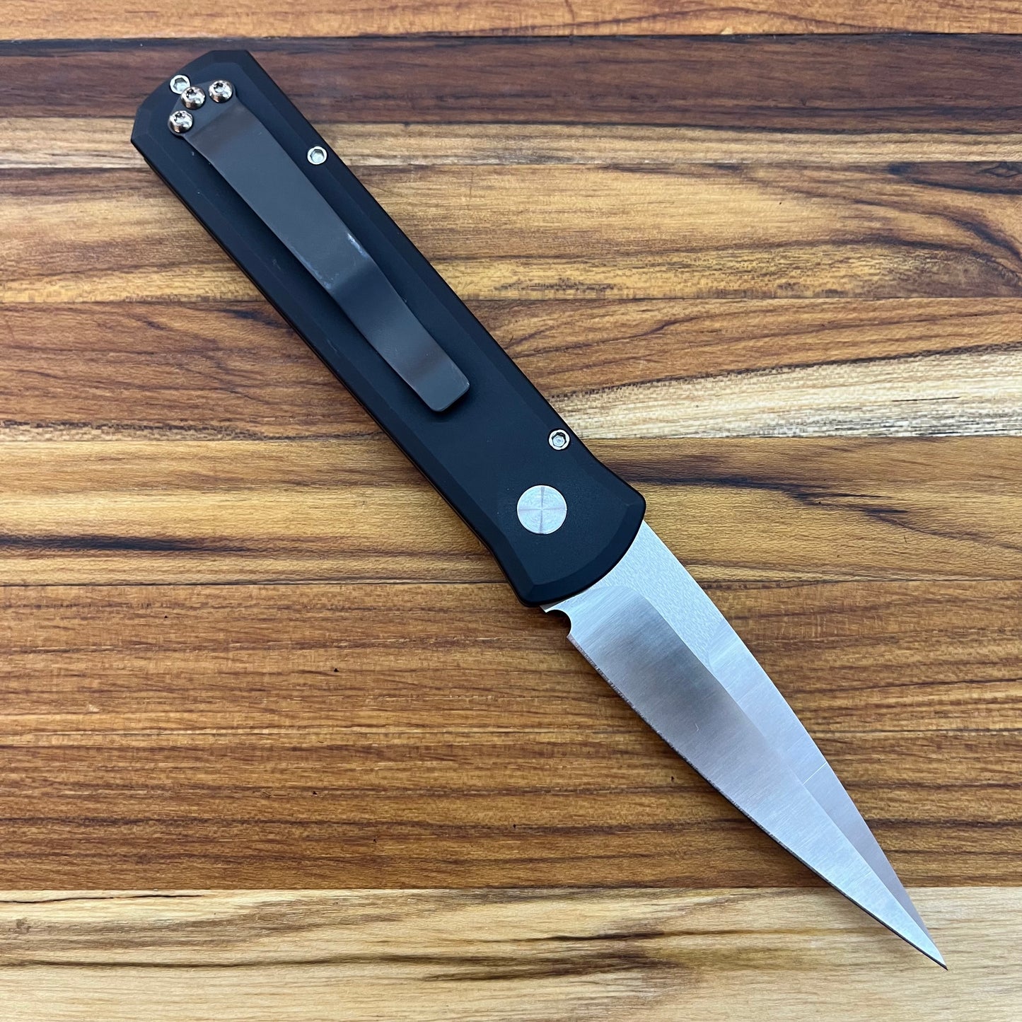 Pro-Tech Godson 3.15" Auto w/ Mother of Pearl Button & Black Aluminum Handle