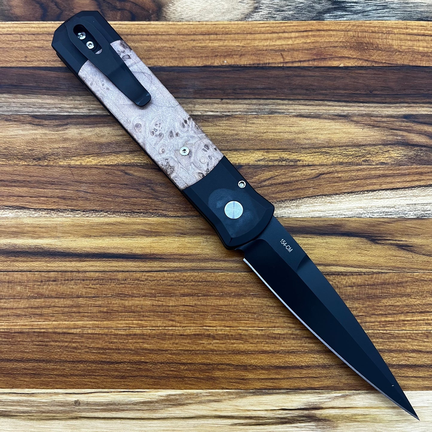 Pro-Tech Godfather 4" Auto w/ Black Aluminum Handle & Maple Burl Wood Inlay
