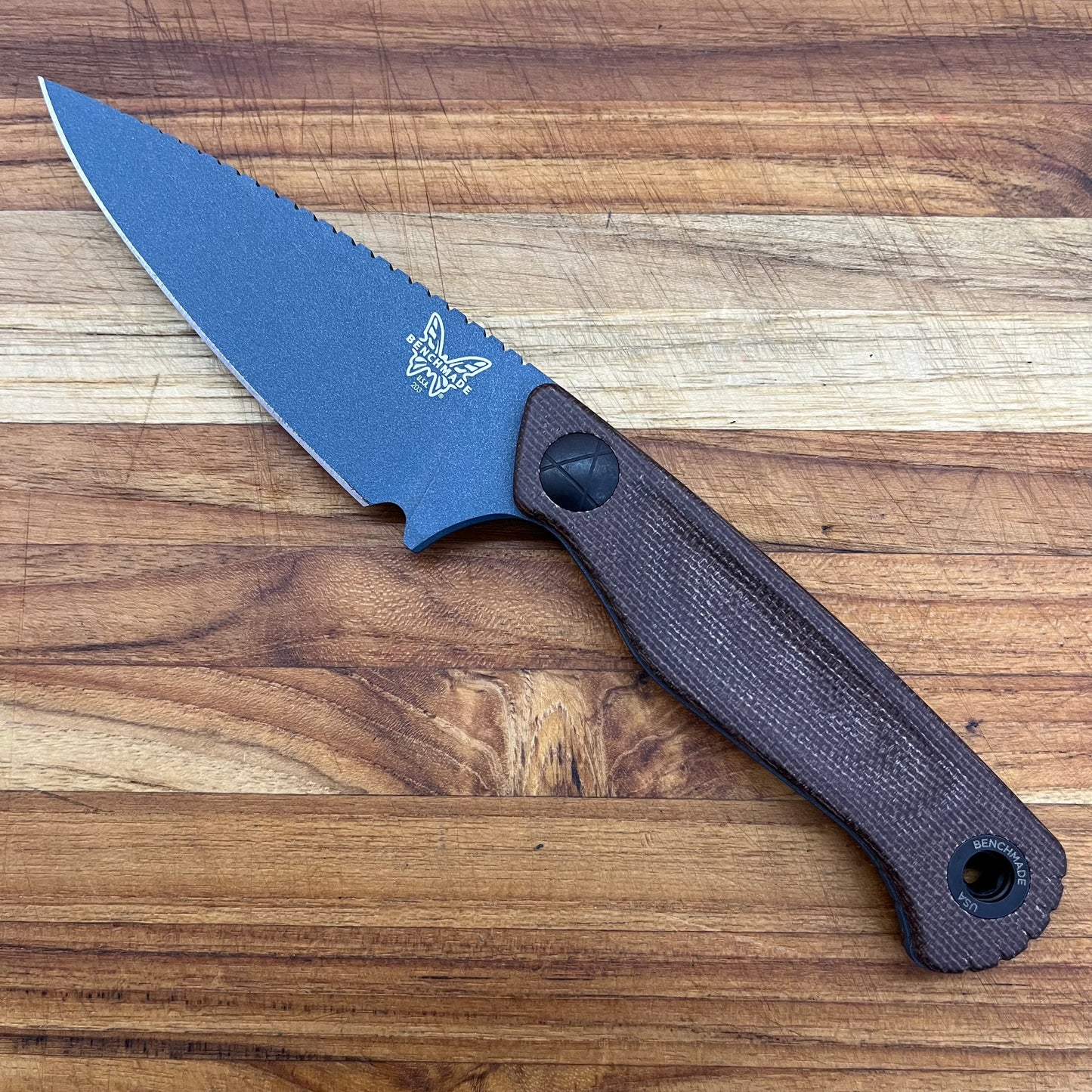 Benchmade Dacian 3.25" Fixed Blade w/ Brown Canvas Micarta Handle & Black Leather/Boltaron Sheath