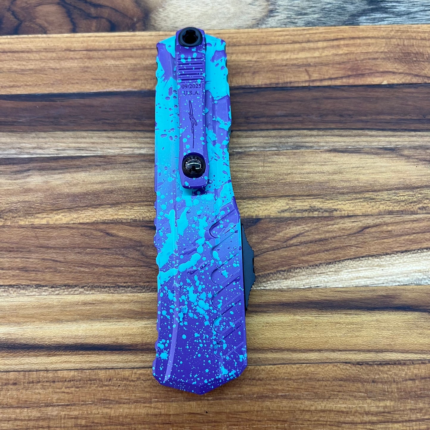 Microtech Signature Series Cypher II D/E 3.5" OTF w/ Baja/Purple Splatter Aluminum Handle