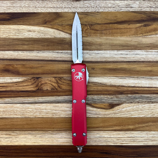Microtech Ultratech D/E 3.35" Satin F/S OTF Auto w/ Red Aluminum Handle