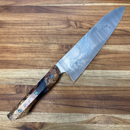 Meglio Semi-Custom 8" Satin Gyuto 2.0 w/ Lasered Calypso & Spalted Maple Burl Handle