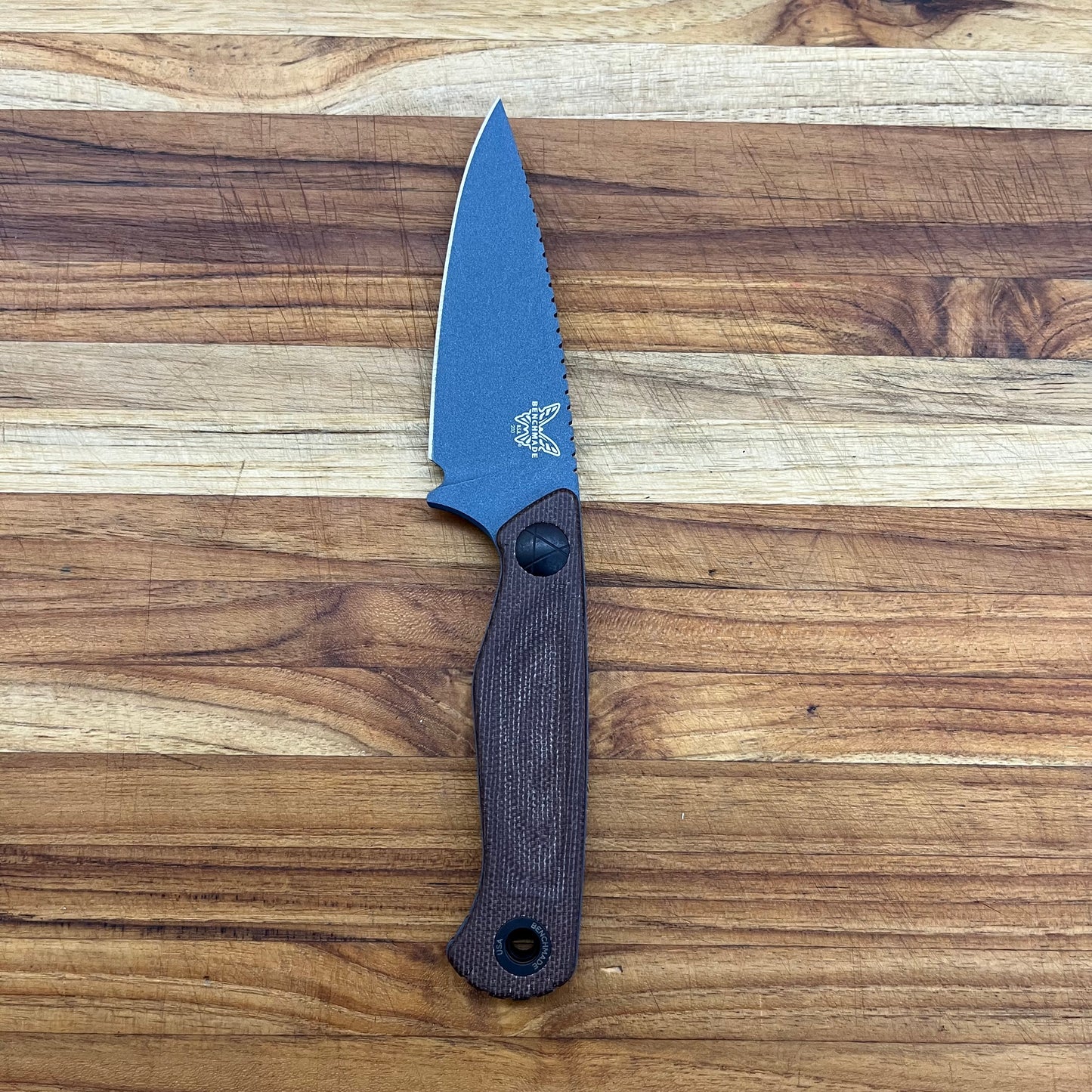 Benchmade Dacian 3.25" Fixed Blade w/ Brown Canvas Micarta Handle & Black Leather/Boltaron Sheath