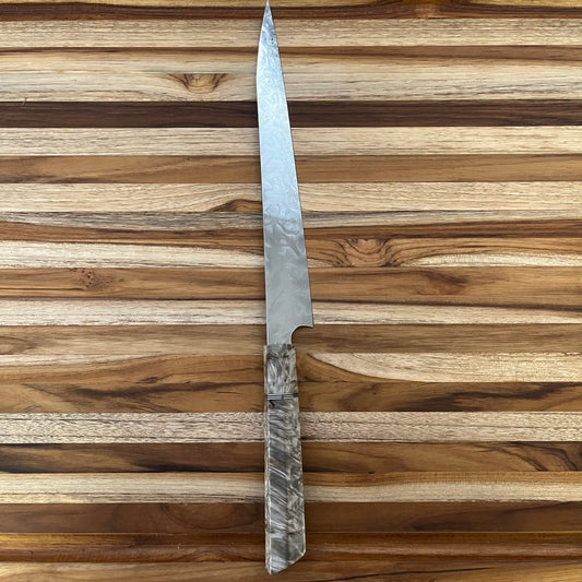 Alfredo Faccipieri Artisanal 240mm (9.5") Sujihiki w/ Damasteel Bjorkman Damascus and Gray Chestnut Handle