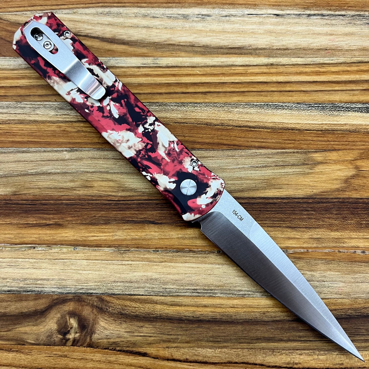 Pro-Tech Godfather 4" Auto w/ Crimson Tiger Camo Aluminum Handle & Pearl Button