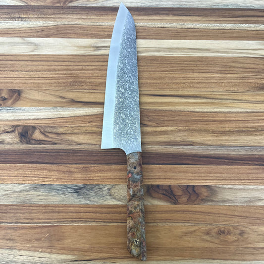 Running Man Forge Semi-Custom 210mm (8.25") Gyuto w/ Laser Engraving & Brown/Orange Maple Handle