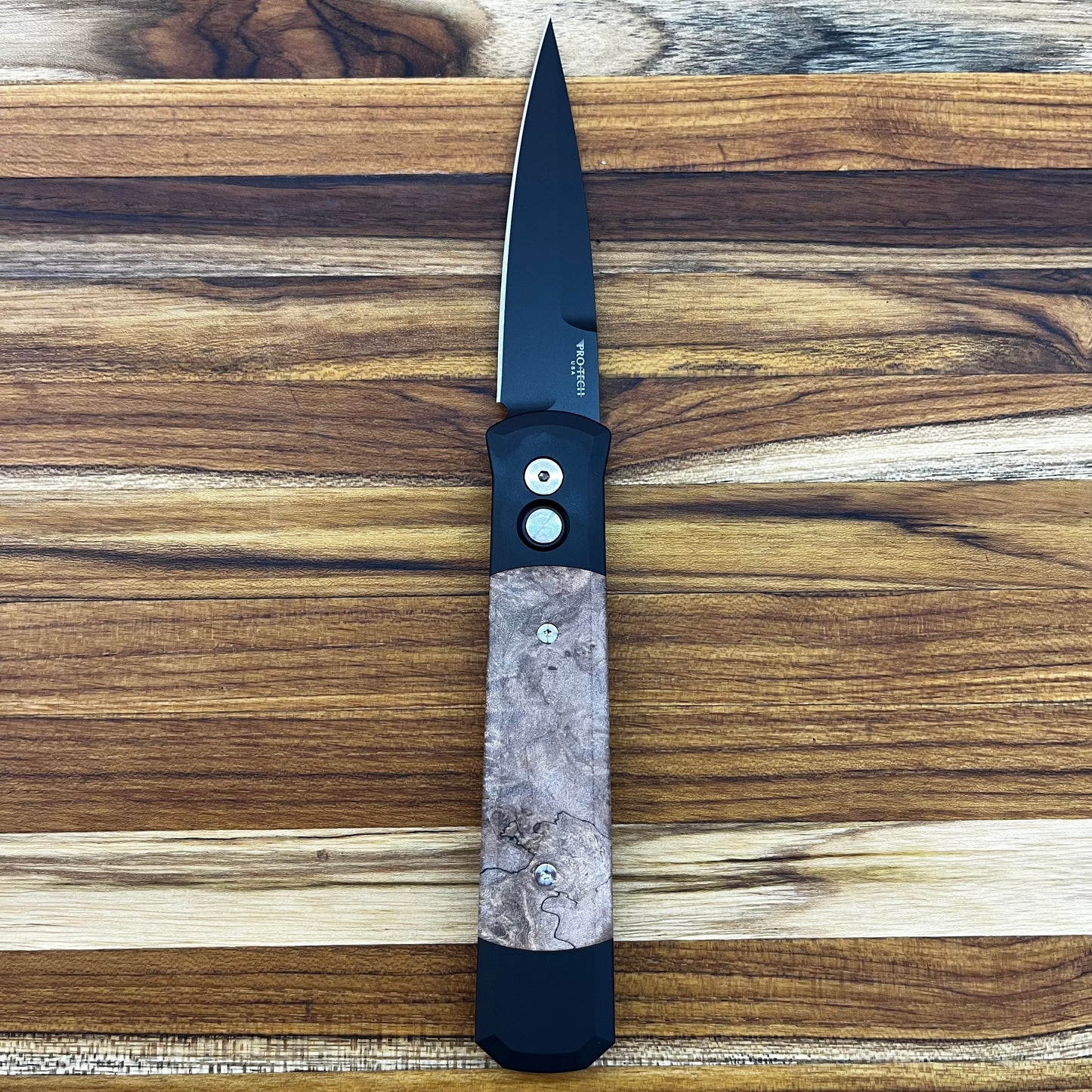 Pro-Tech Godfather 4" Auto w/ Black Aluminum Handle & Maple Burl Wood Inlay