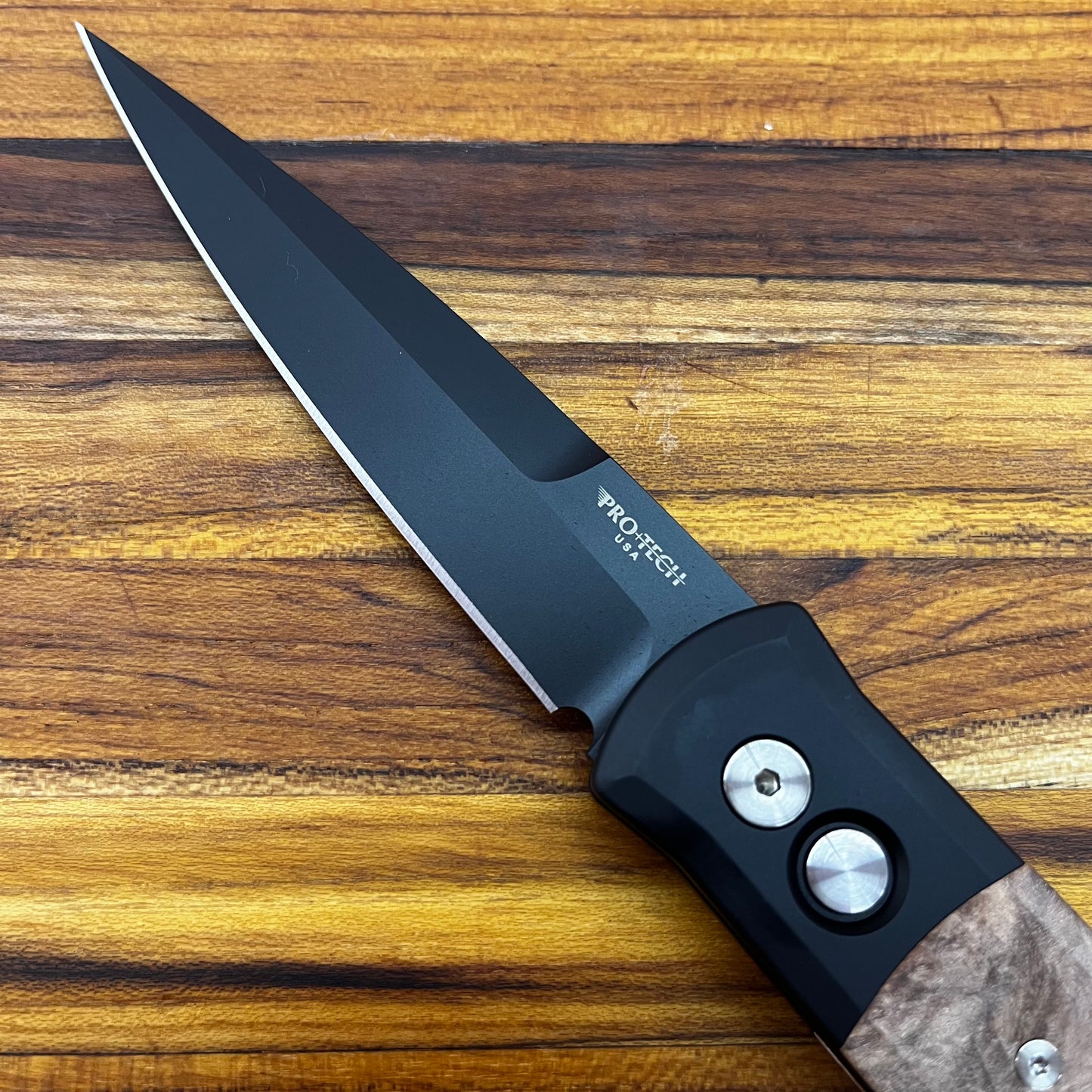 Pro-Tech Godfather 4" Auto w/ Black Aluminum Handle & Maple Burl Wood Inlay