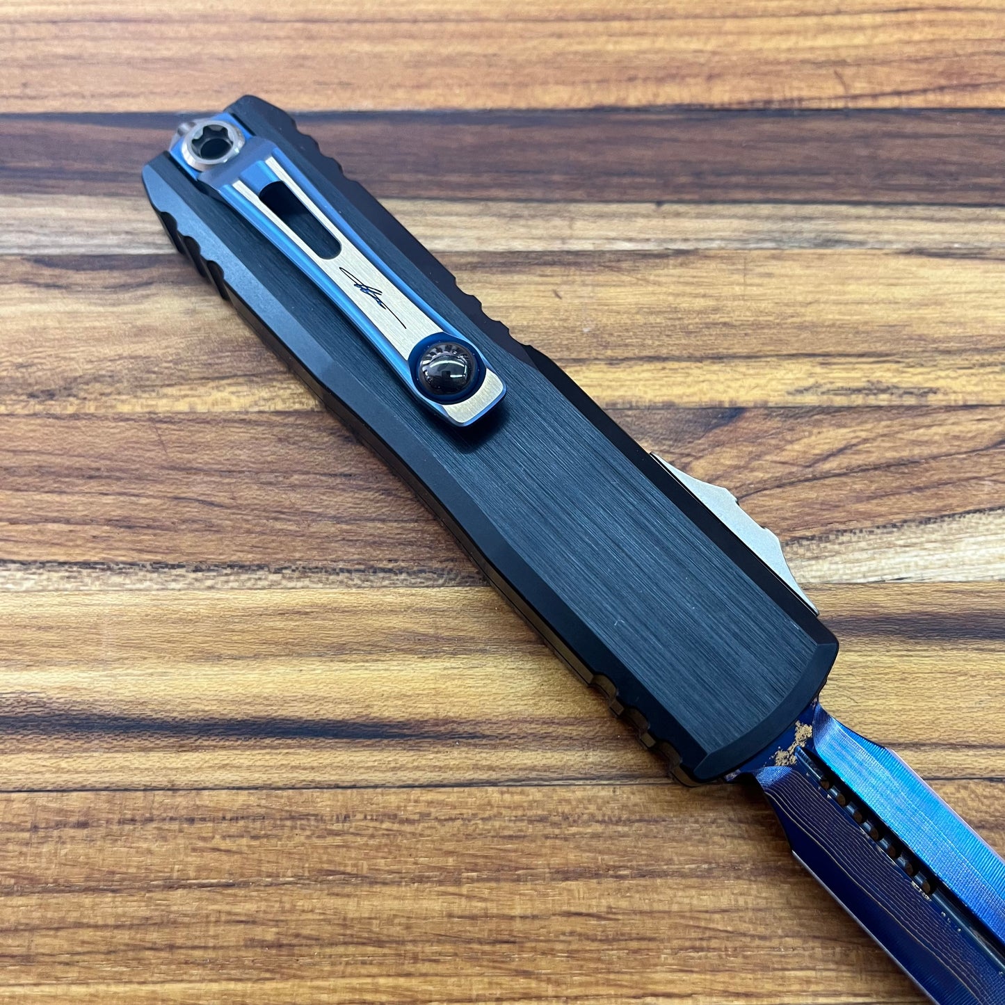 Microtech UTX-85 Gen III D/E 3" OTF Marfione Select Blued Baker Forge Coppermai Damascus w/ Blue Titanium Accent
