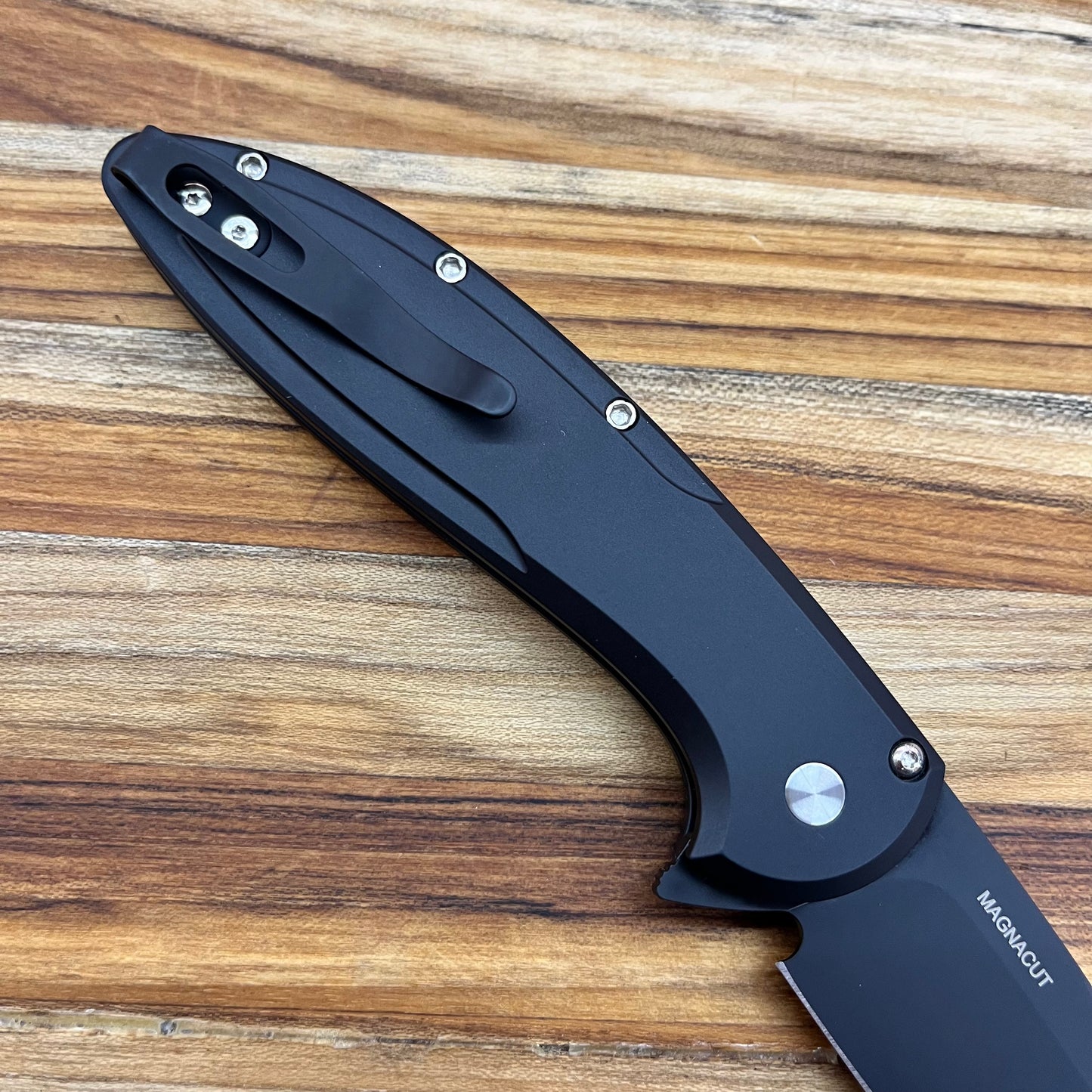 Pro-Tech *Limited Edition* Cambria Flipper 3.5" Folding Knife w/ Black Lip Pearl on Black Aluminum & TechnoCarbo Blue Inlay