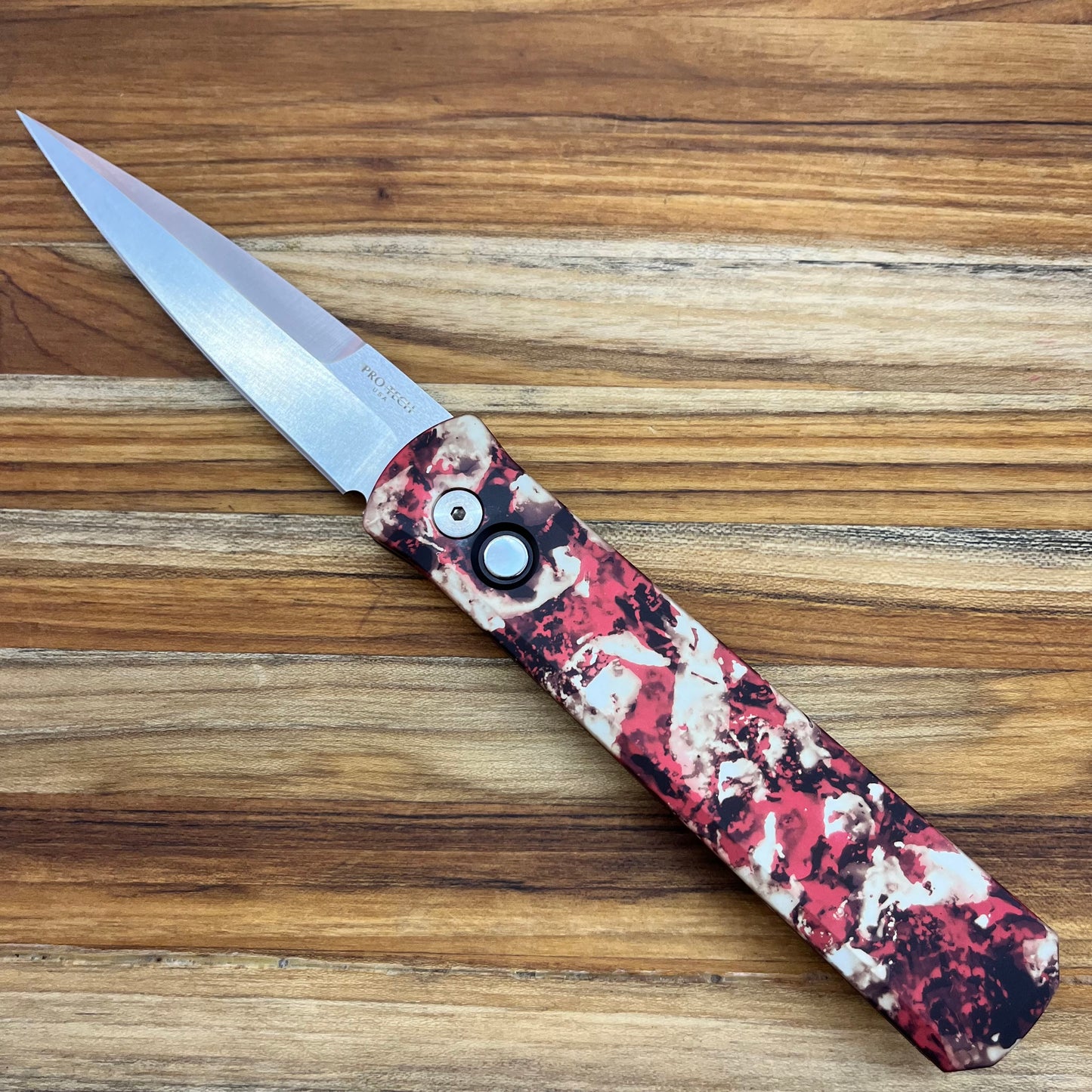 Pro-Tech Godfather 4" Auto w/ Crimson Tiger Camo Aluminum Handle & Pearl Button