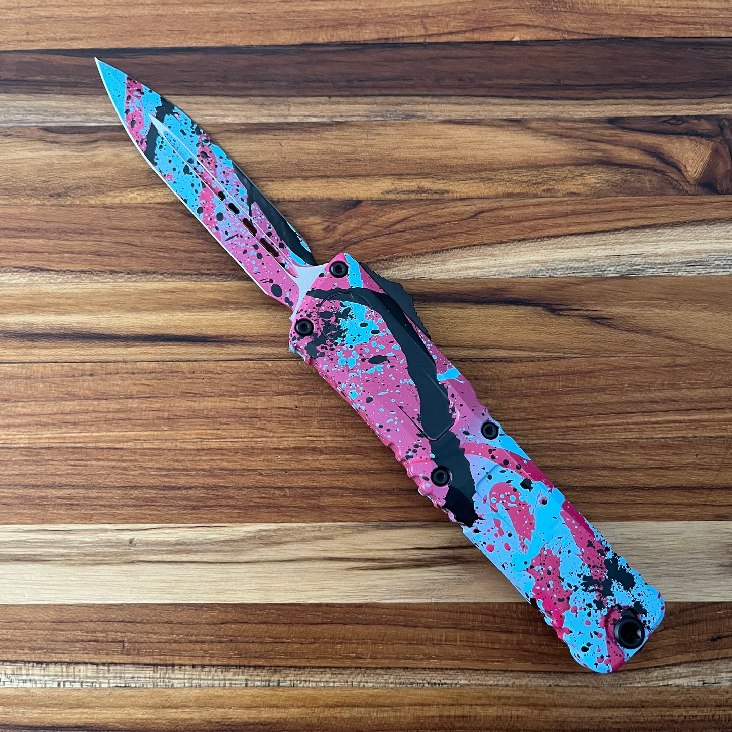 Microtech Combat Troodon Gen III D/E 4" OTF w/ Pink/Blue Black Splatter Aluminum Handle